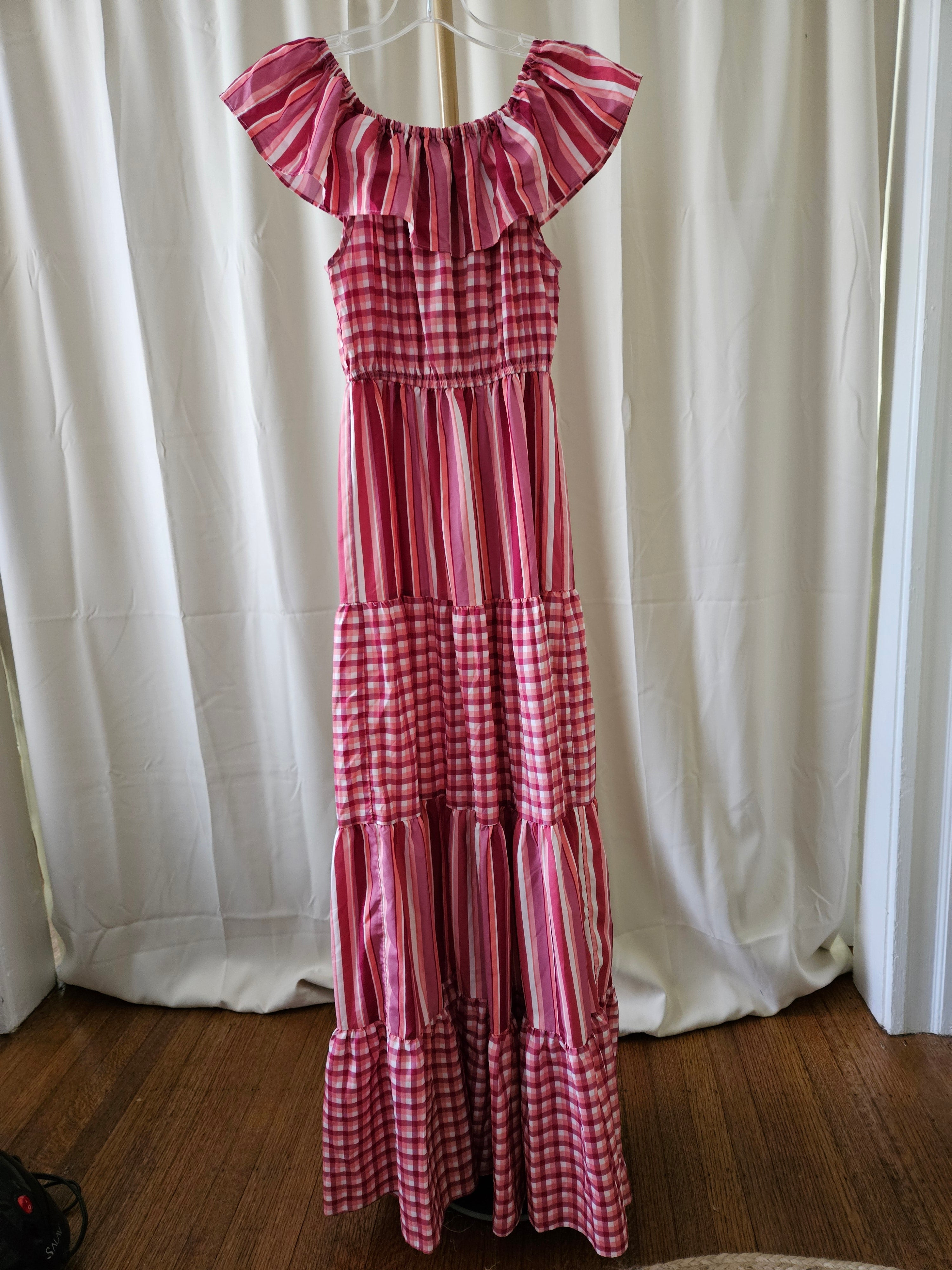 L'atiste by Amy Dusty Pink Plaid & Striped Off-Shoulder Maxi Dress | Size Small