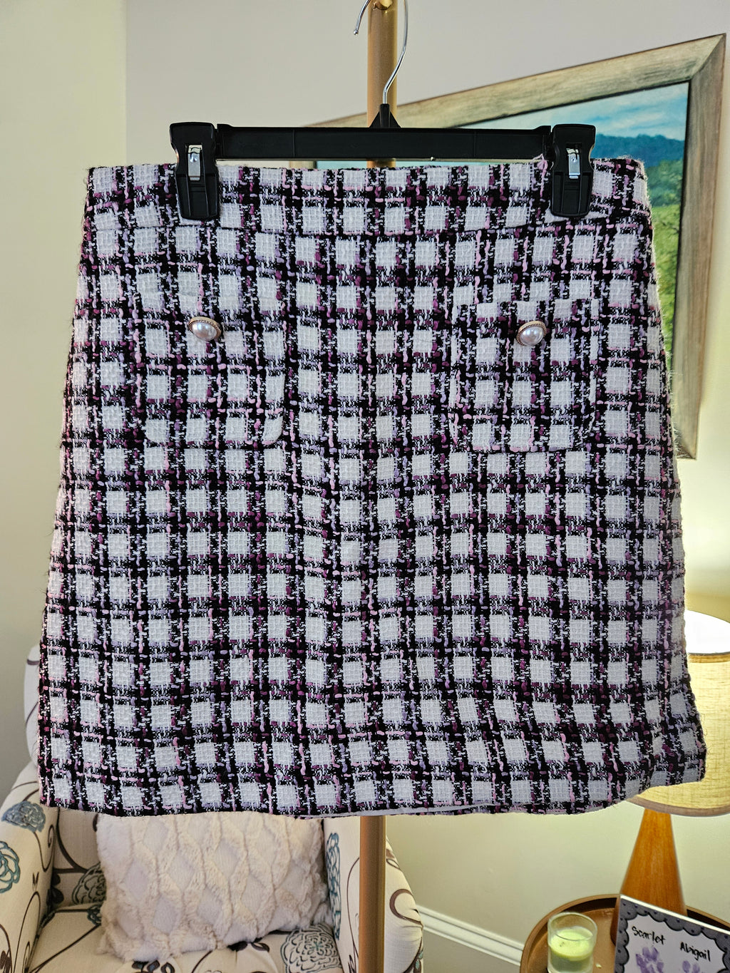 Maison D' Amelie Black, Pink, And White Checkered Tweed  Skirt Sz 6