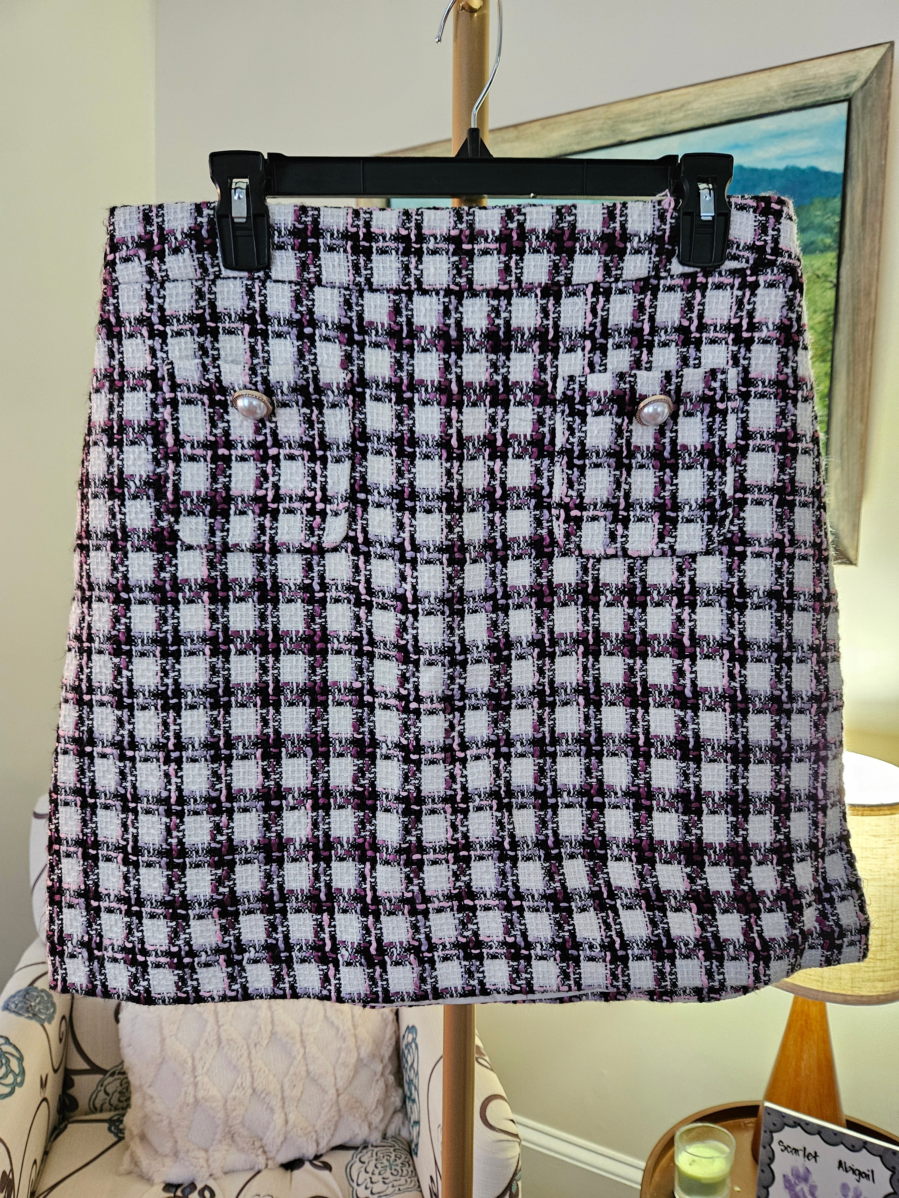 Maison D' Amelie Black, Pink, And White Checkered Tweed  Skirt Sz 6