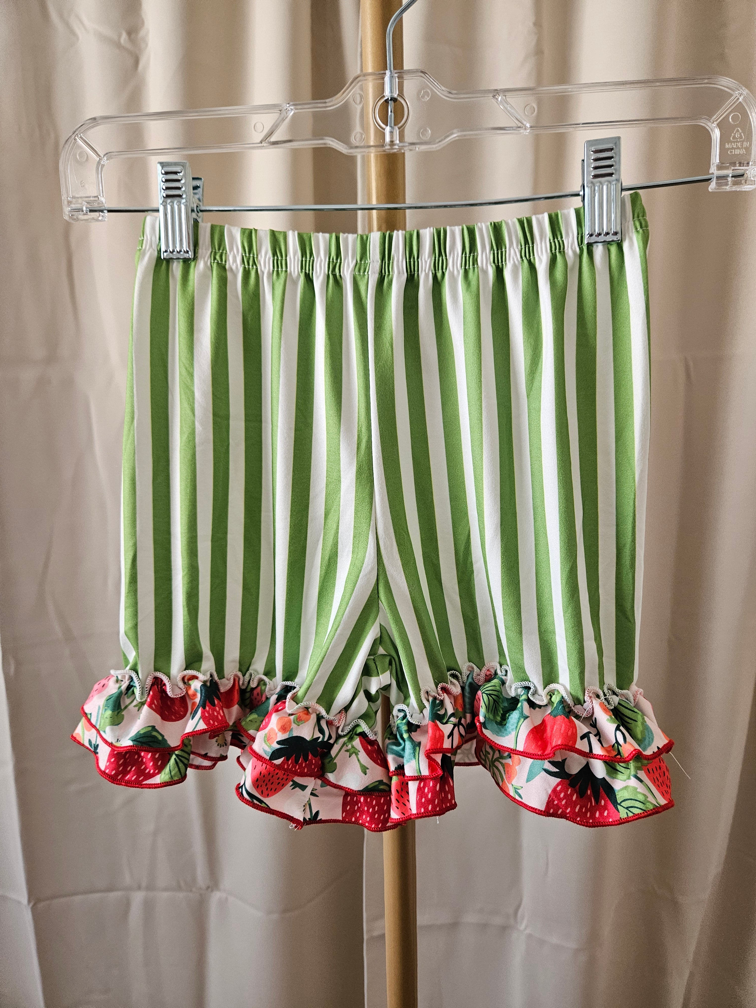 Oopsie Dasiy Lime Strawberry Stripe Ruffle Shorts Set