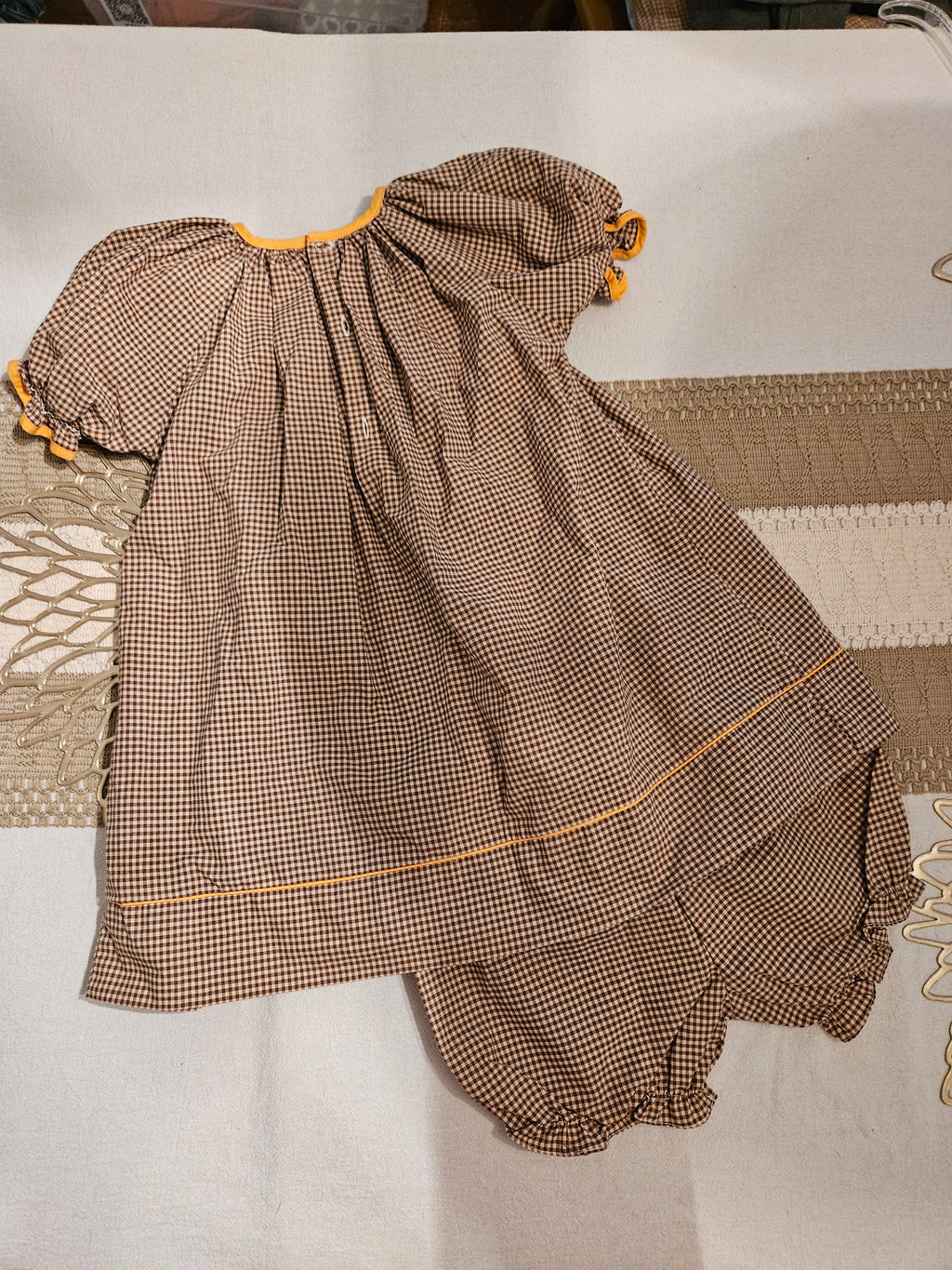 Petit Ami Brown Checkered Baby Dress with Smocked Pumpkins Sz 18M