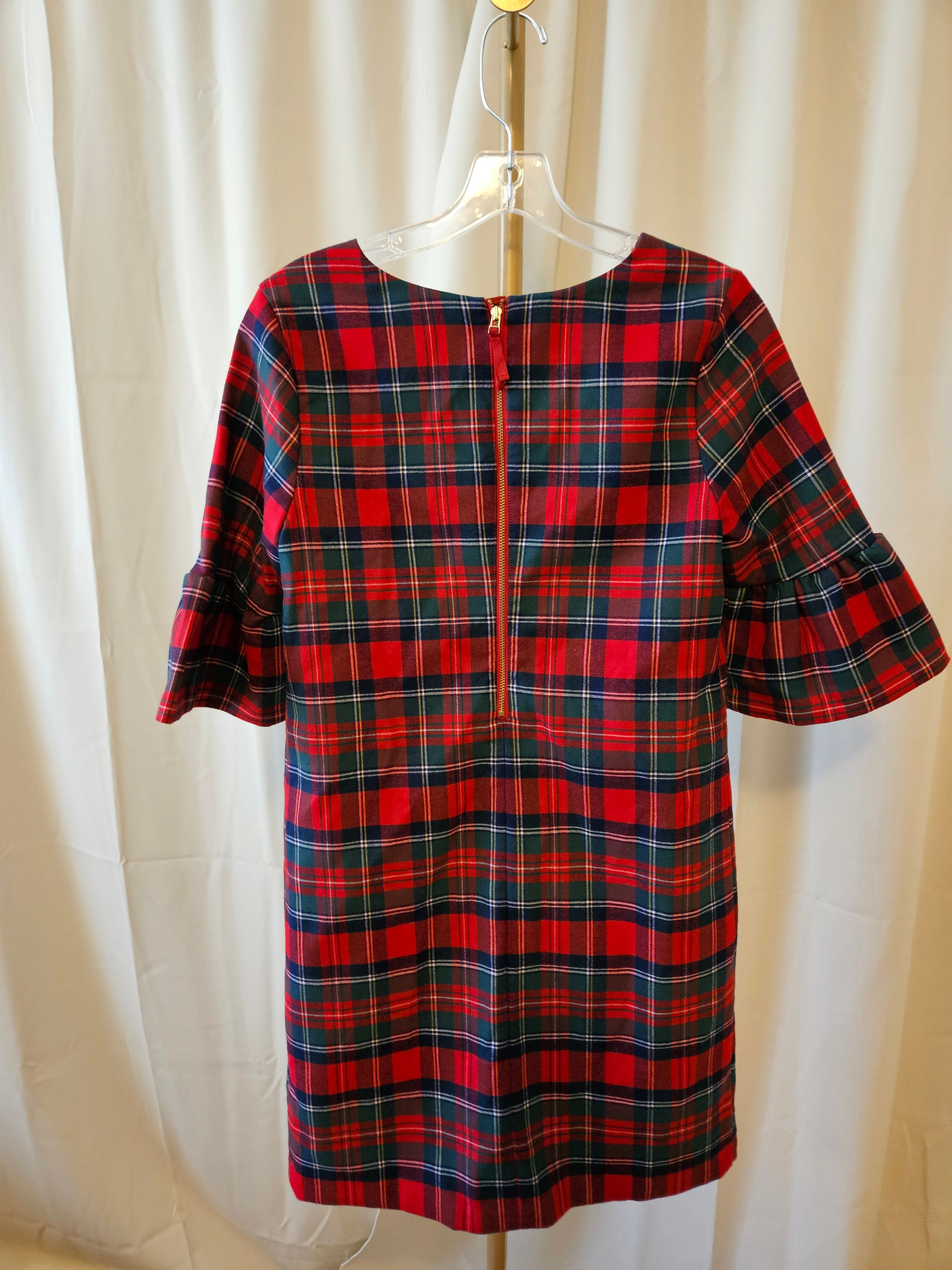 Vineyard Vines Red Green Plaid Bell Sleeve V-Neck Dress Size 0