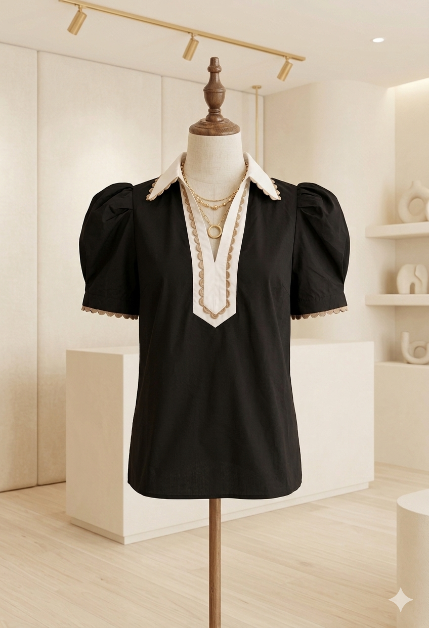 Lovesoft Black Ric Rac Trim Collar Blouse – Sizes Small & Medium