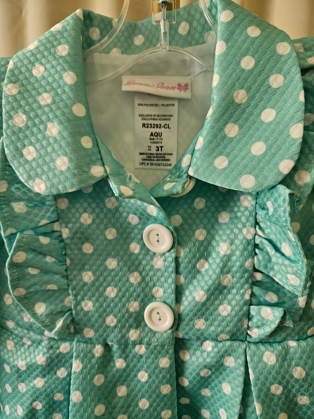 Bonnie Jean Turquoise Polka Dot Ruffle Coat NWT Sz 3T