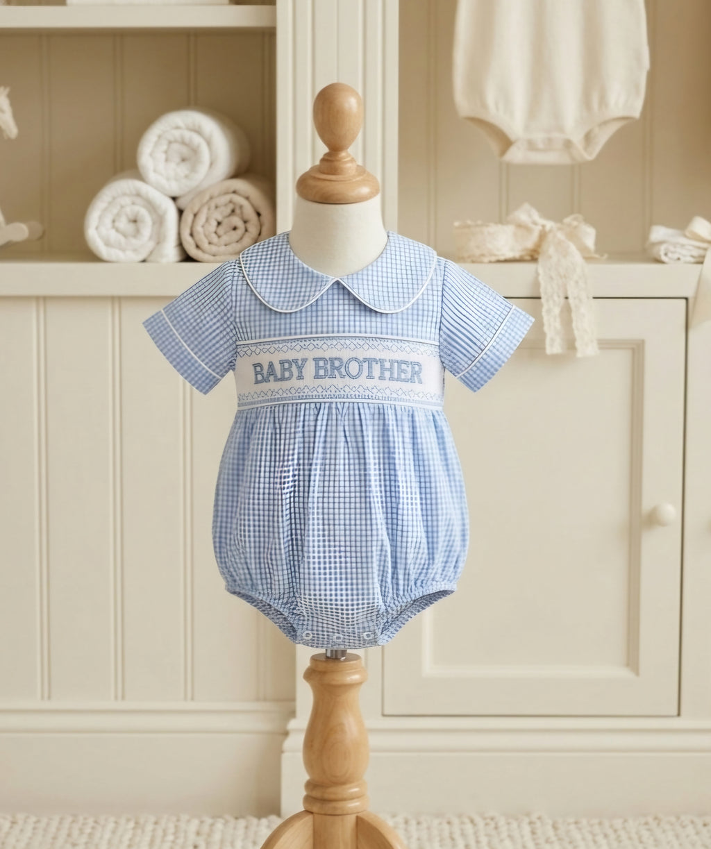 Lil Cactus Blue & White Gingham Smocked Baby Brother Bubble Size 6–12M