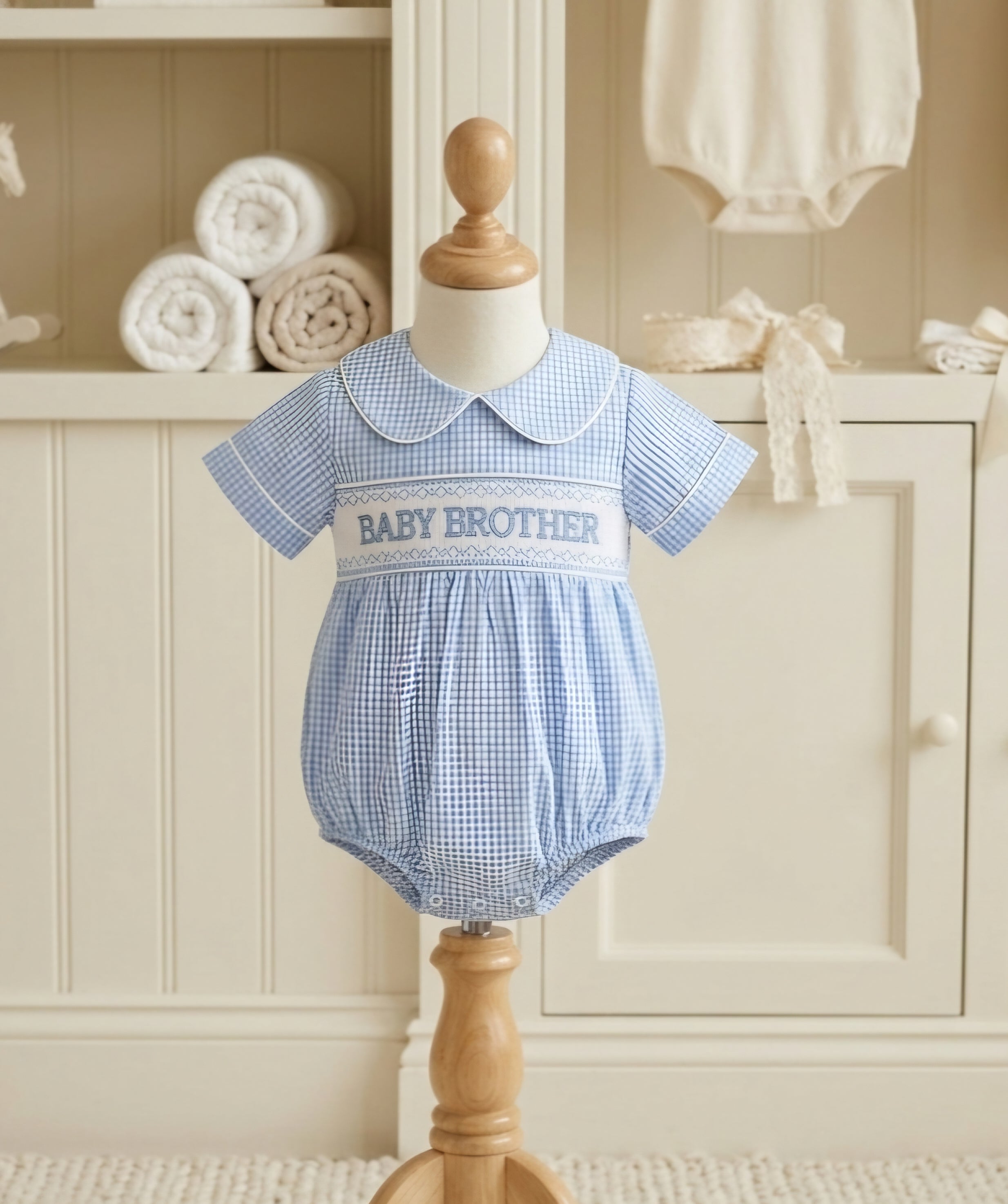 Lil Cactus Blue & White Gingham Smocked Baby Brother Bubble Size 6–12M