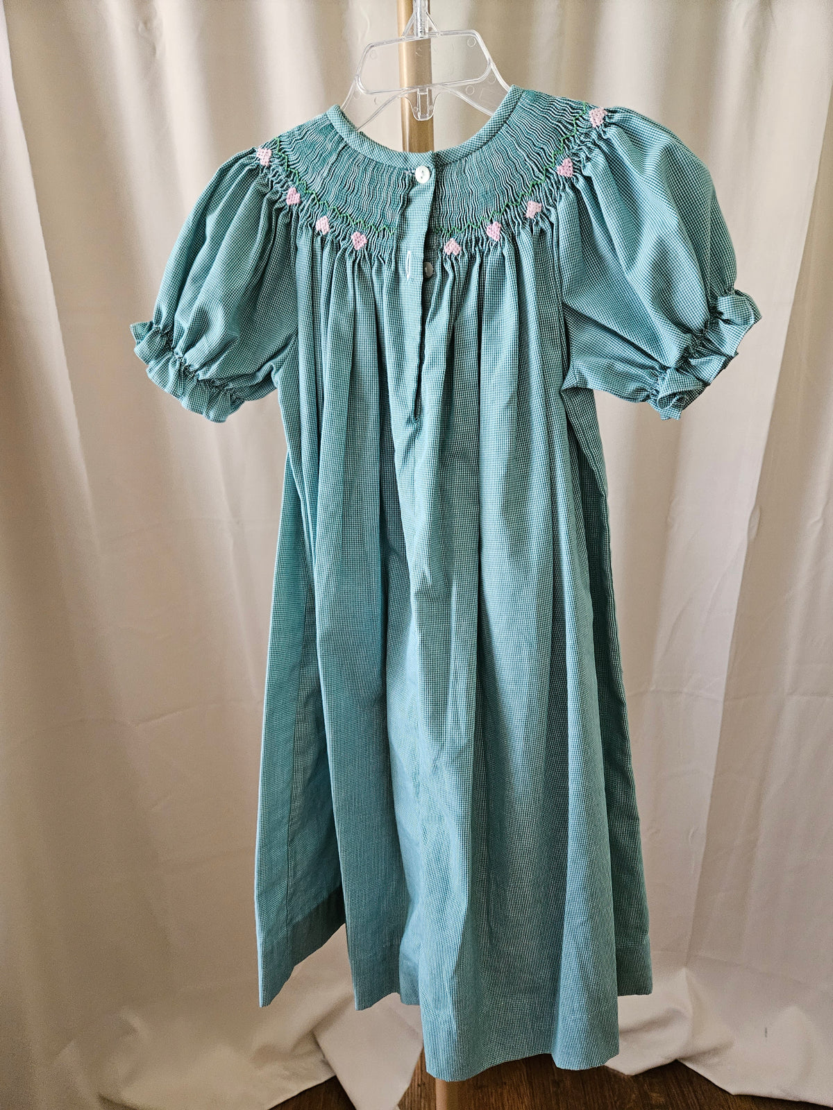 Ragsland Green & White Micro Check Bishop Smocked Dress | Girls Size 4 | Vintage 2003