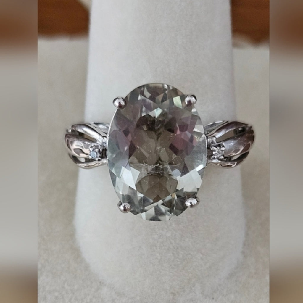 Green Amethyst & Diamond Ring Set In Platinum Over 925 Sterling Sz 8