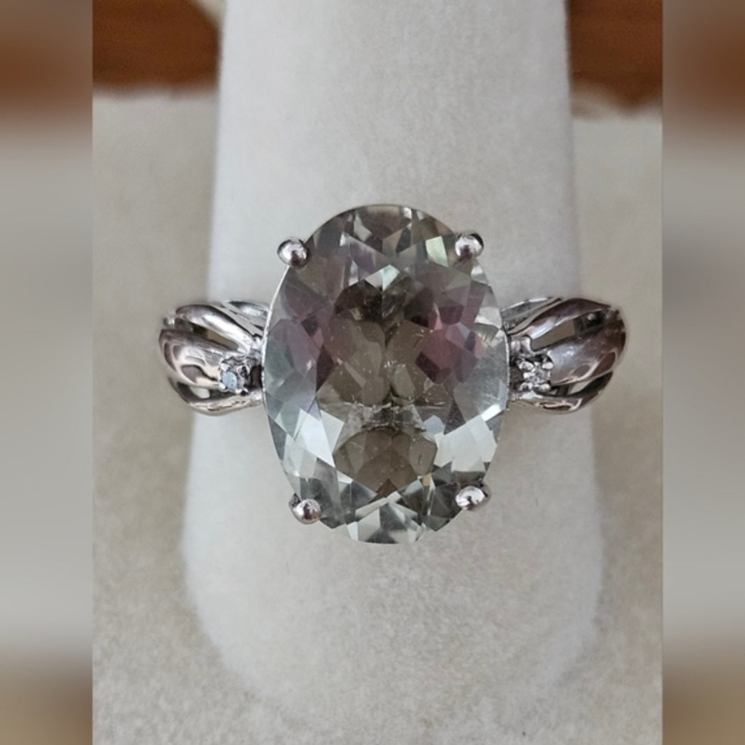 Green Amethyst & Diamond Ring Set In Platinum Over 925 Sterling Sz 8