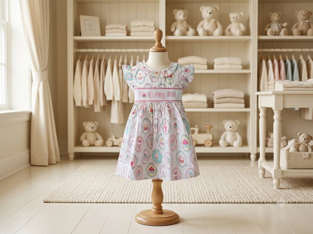 Lil Cactus Birthday Girl Smocked Dress Polka Dot Cupcakes Ice Cream