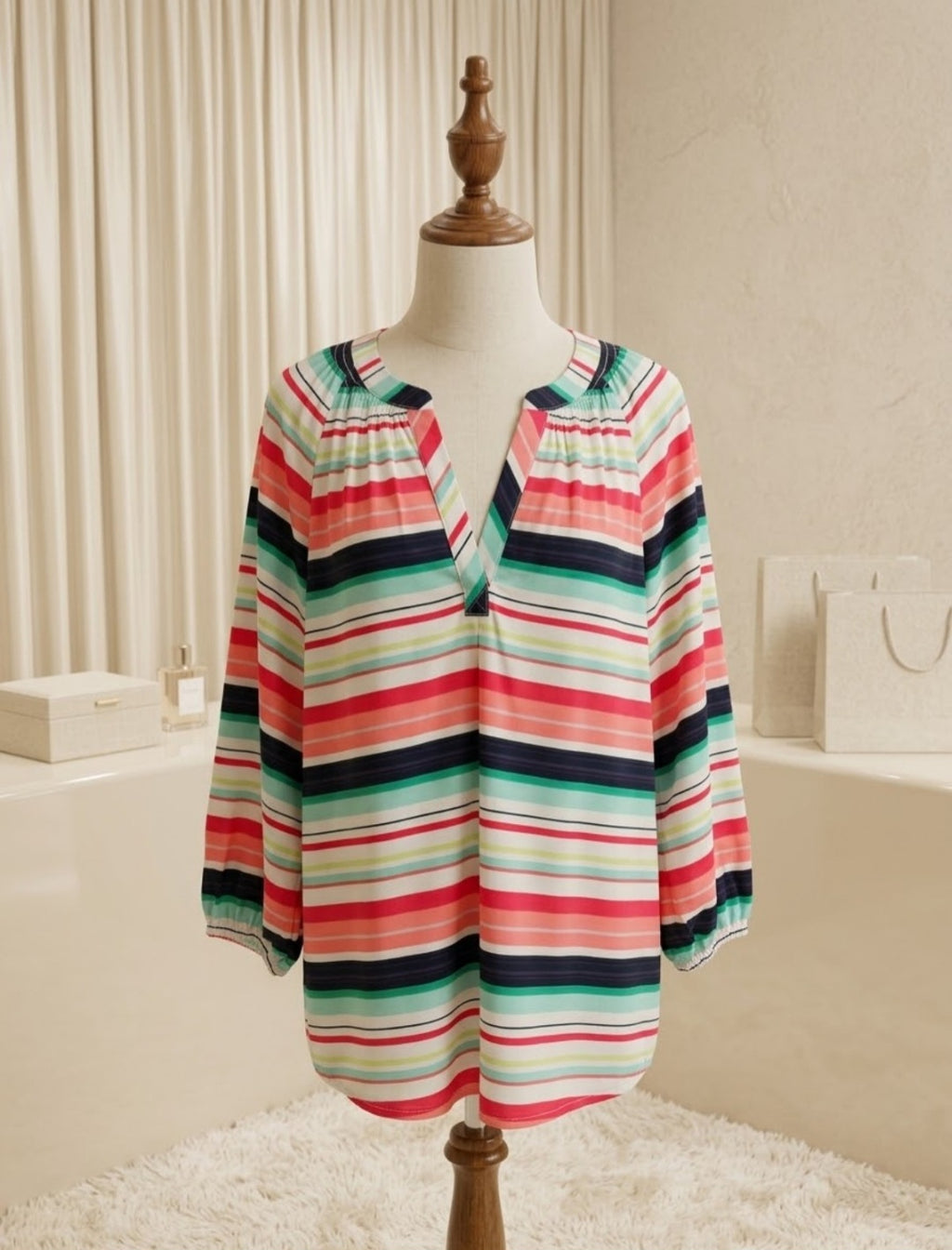 Crown & Ivy XL Bright Striped Blue, Green & White Blouse