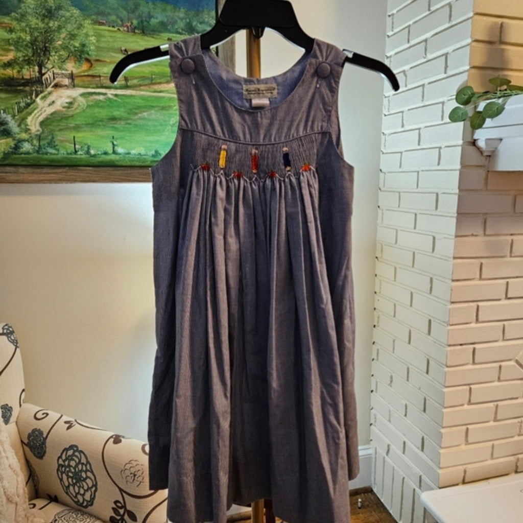 Amanda Remembered Micro Check Smocked With Pencils & Apples Sz 6X