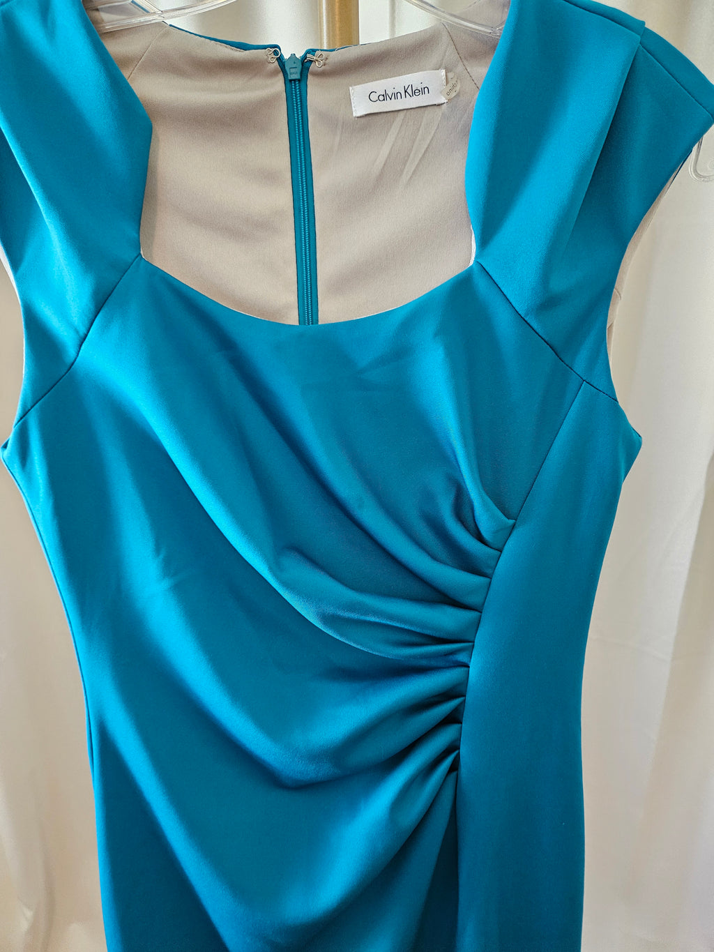 Calvin Klein Teal Ruched Front Fitted Cap Sleeve Dress Size 4