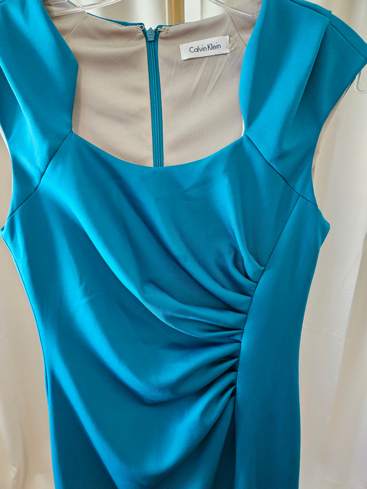Calvin Klein Teal Ruched Front Fitted Cap Sleeve Dress Size 4