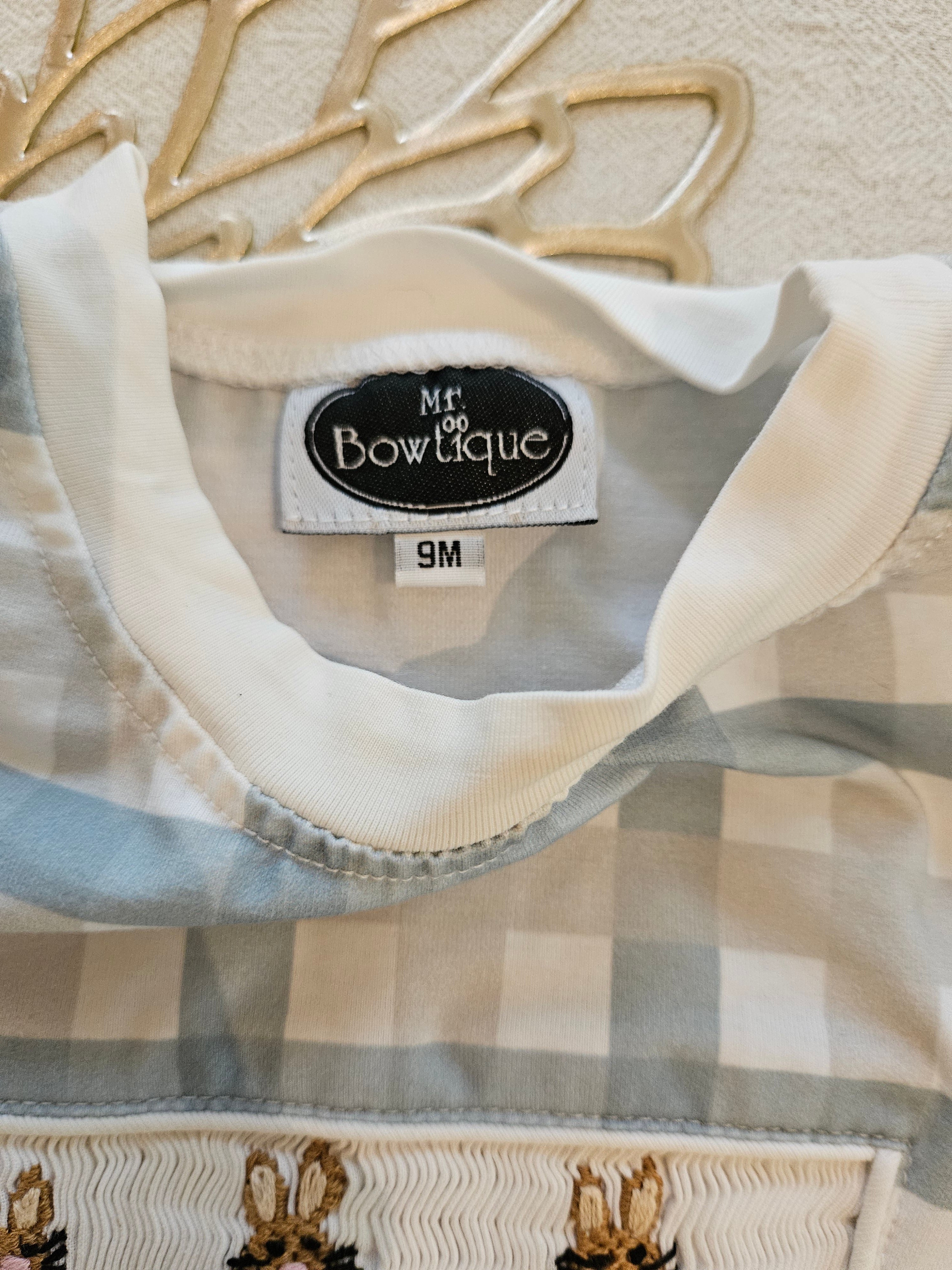 Mr. Bowtique Bunny Smocked Blue and White Plaid Kids Romper Sz 9M