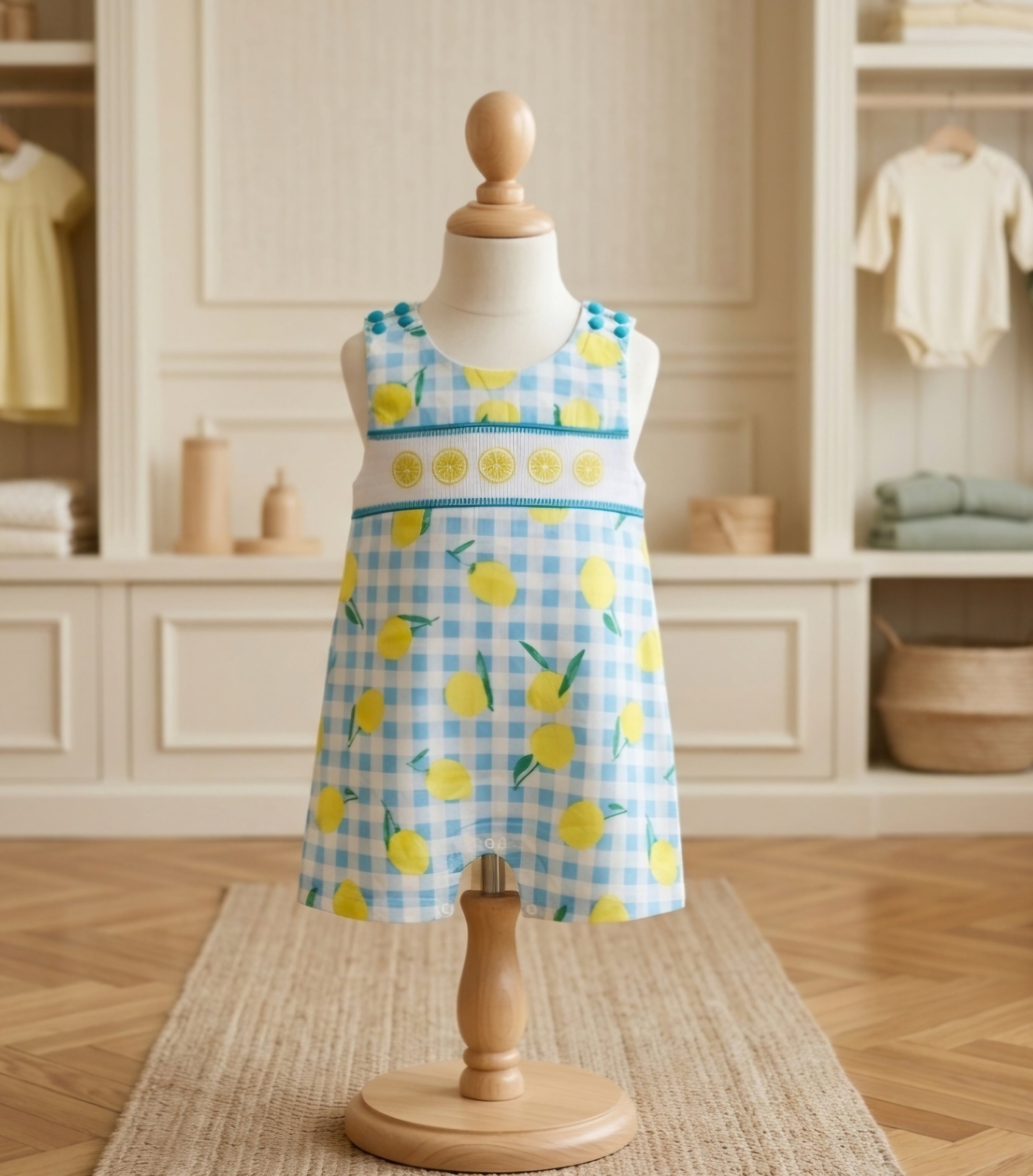 Lil Cactus Blue & White Gingham Lemon Smocked Jon Jon | Size 3T