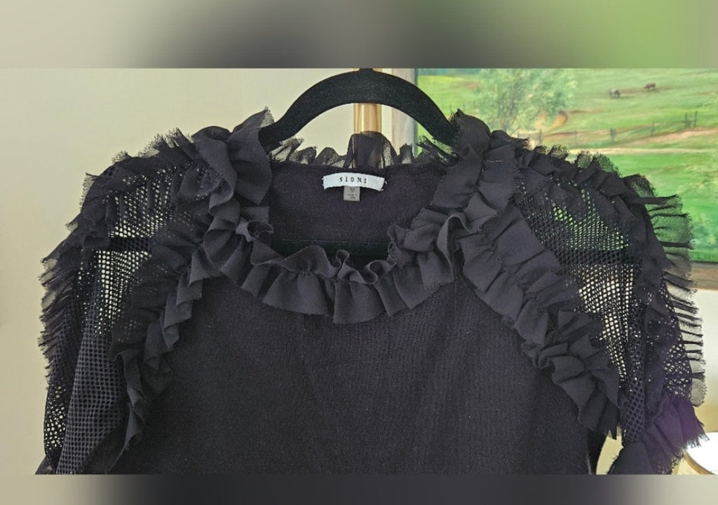 SIONI Mixed Media Mesh & Ruffle Blouse Size M