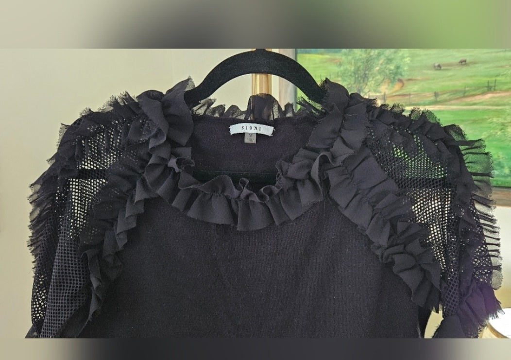 SIONI Mixed Media Mesh & Ruffle Blouse Size M