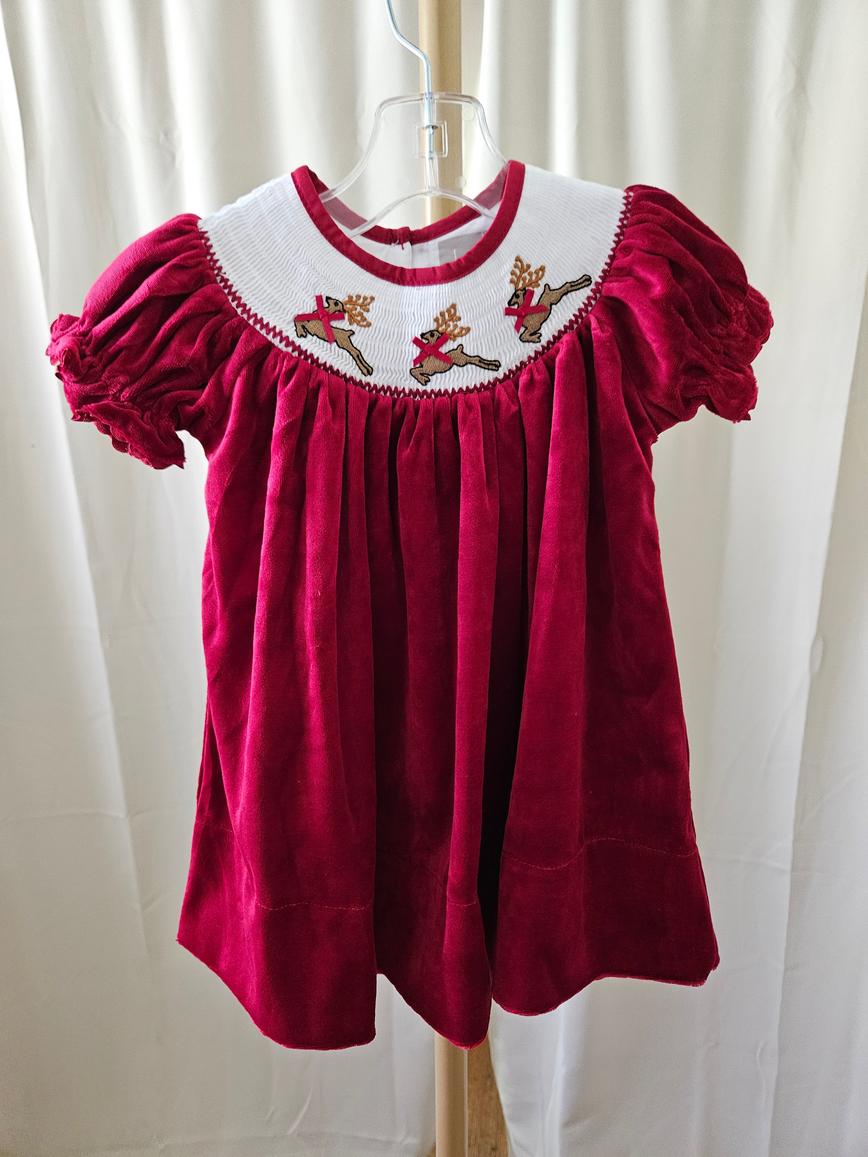 Lil Cactus Smocked Reindeer Red Velvet Dress with Matching Bows |