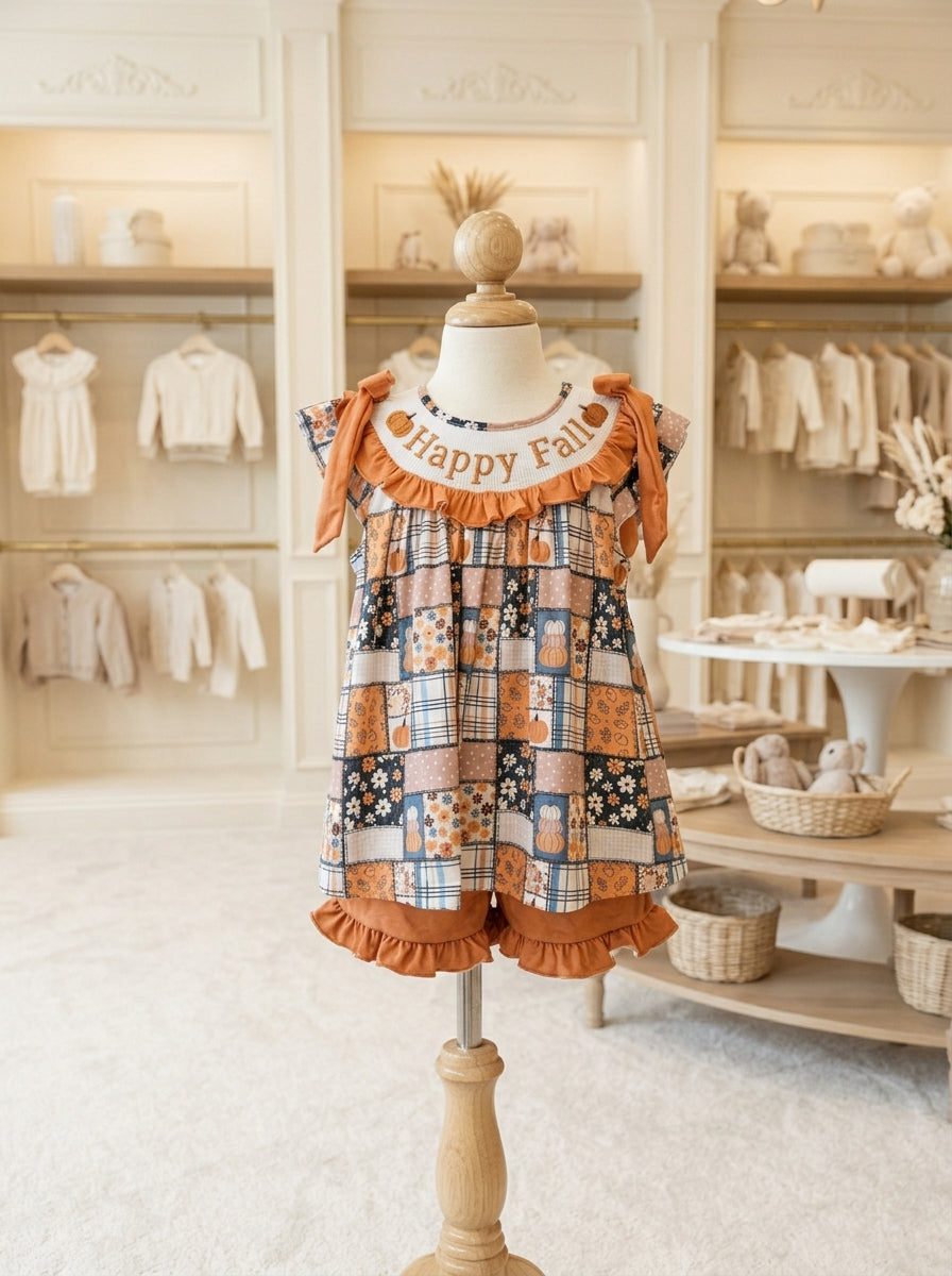 Custom Made Pumpkin Patchwork Print Flutter Sleeve Short Set Size 5T