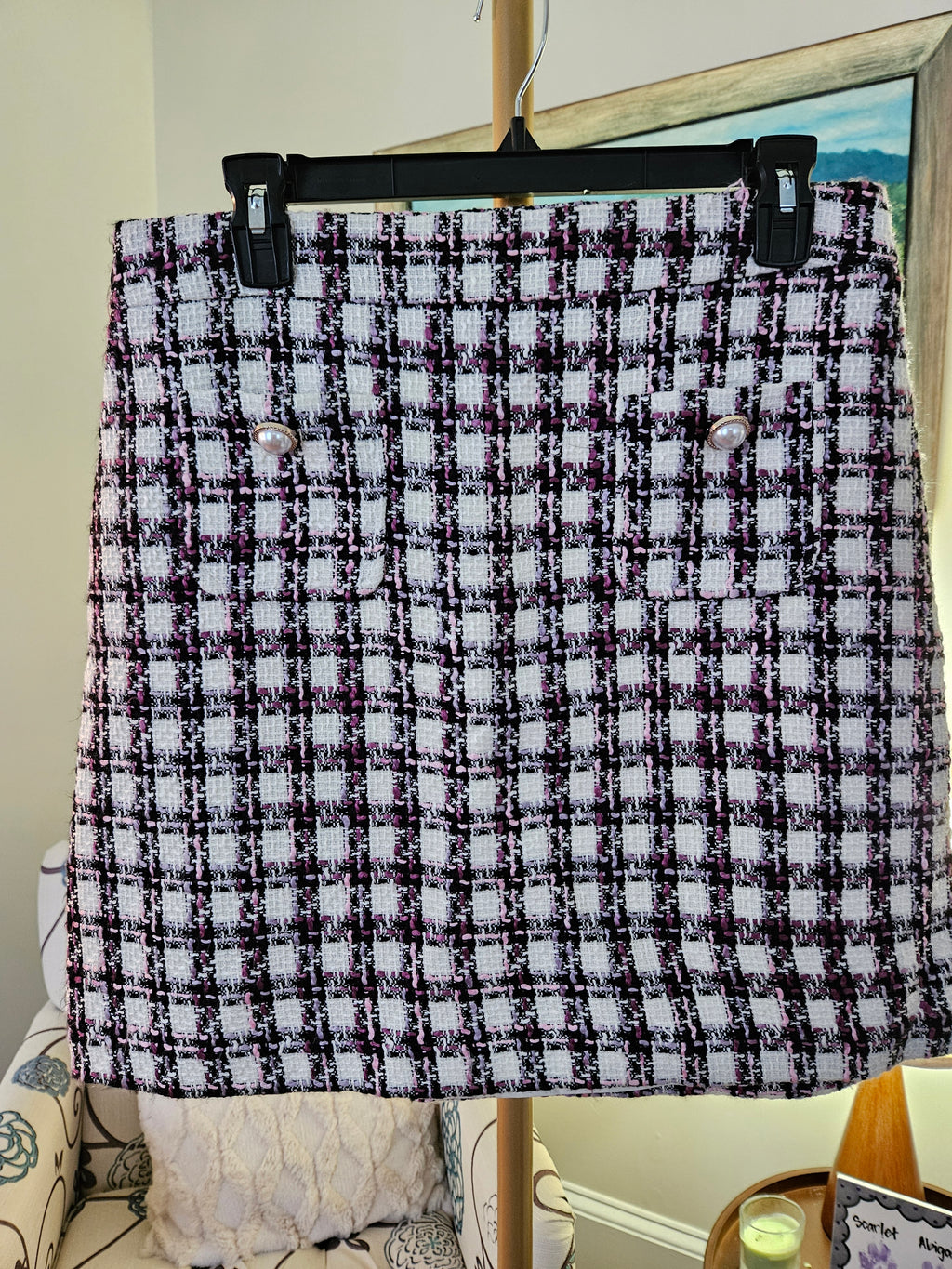 Maison D' Amelie Black, Pink, And White Checkered Tweed  Skirt Sz 6