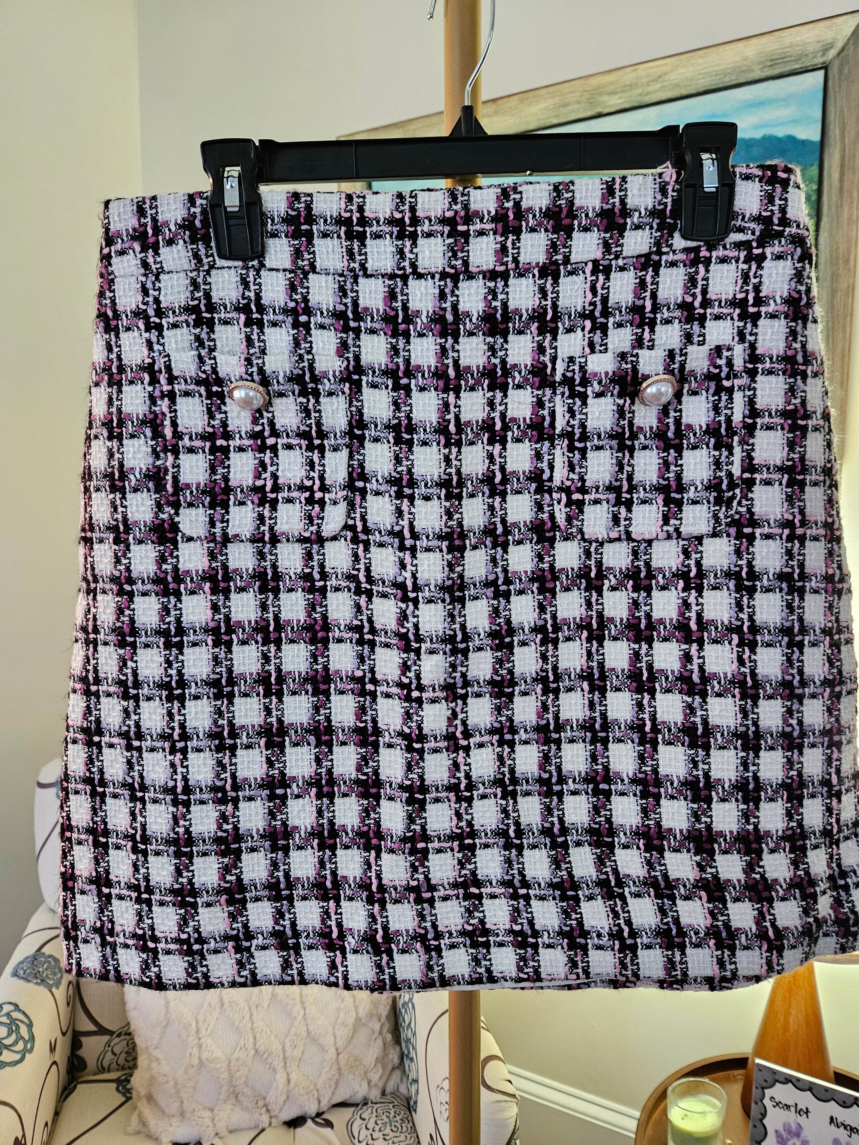 Maison D' Amelie Black, Pink, And White Checkered Tweed  Skirt Sz 6
