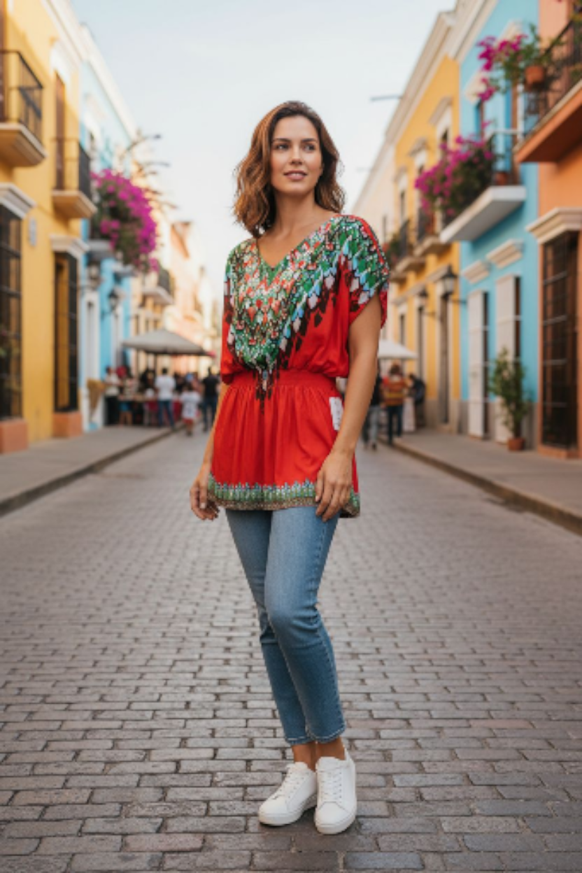 Ella + Cathy Elastic Waist Hourglass Tribal Blouse Size Large