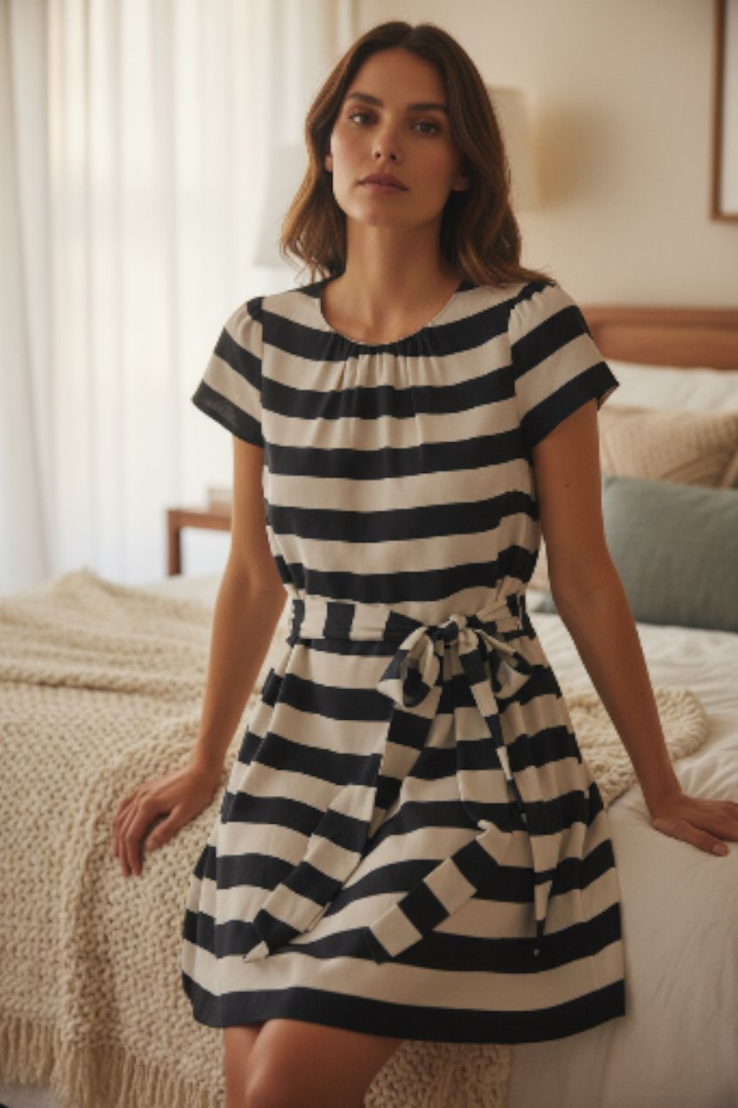 Pippa Brown & Black Stripped Dress With Tie At Waist Sz 2