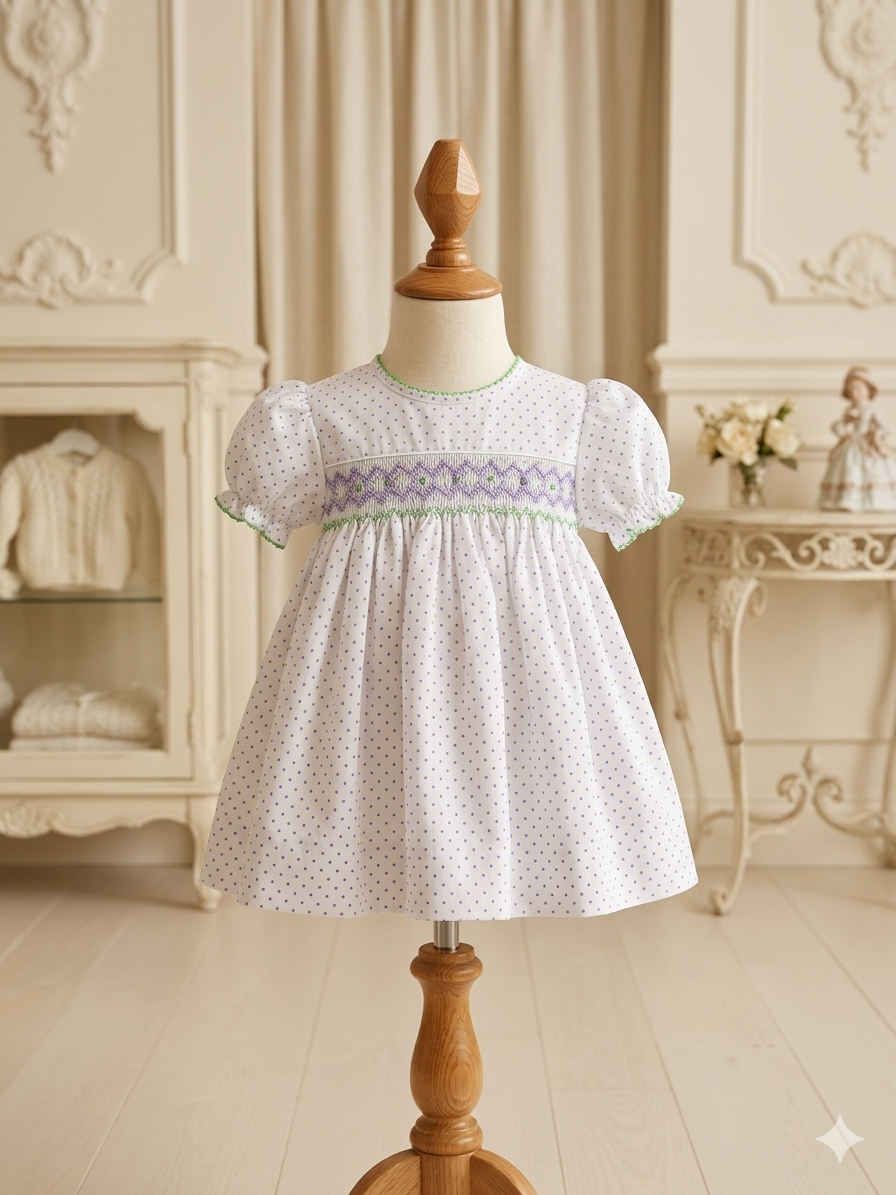 Petit Ami White & Purple Polka Dot Smocked Dress Set | NB–3M