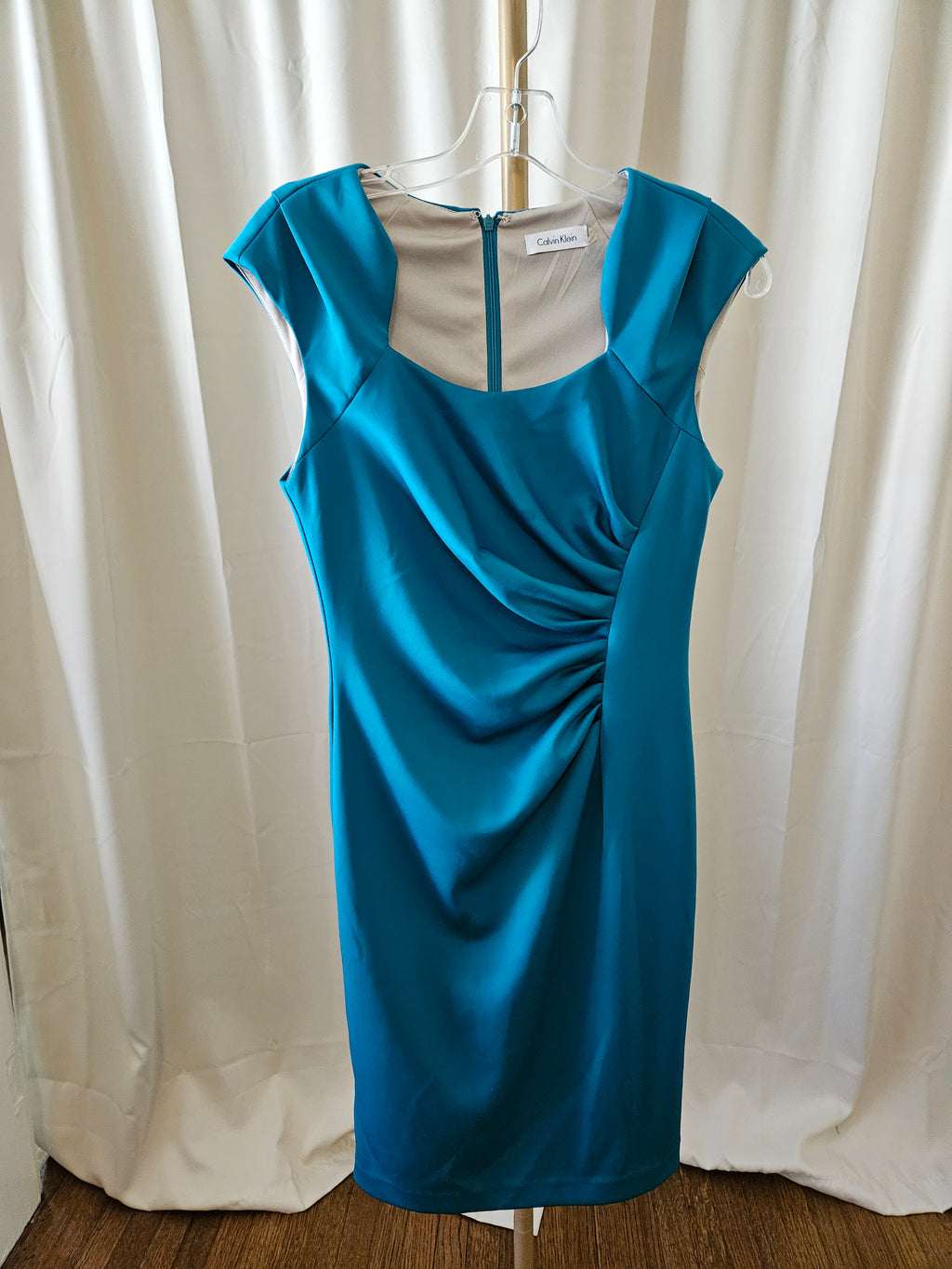 Calvin Klein Teal Ruched Front Fitted Cap Sleeve Dress Size 4