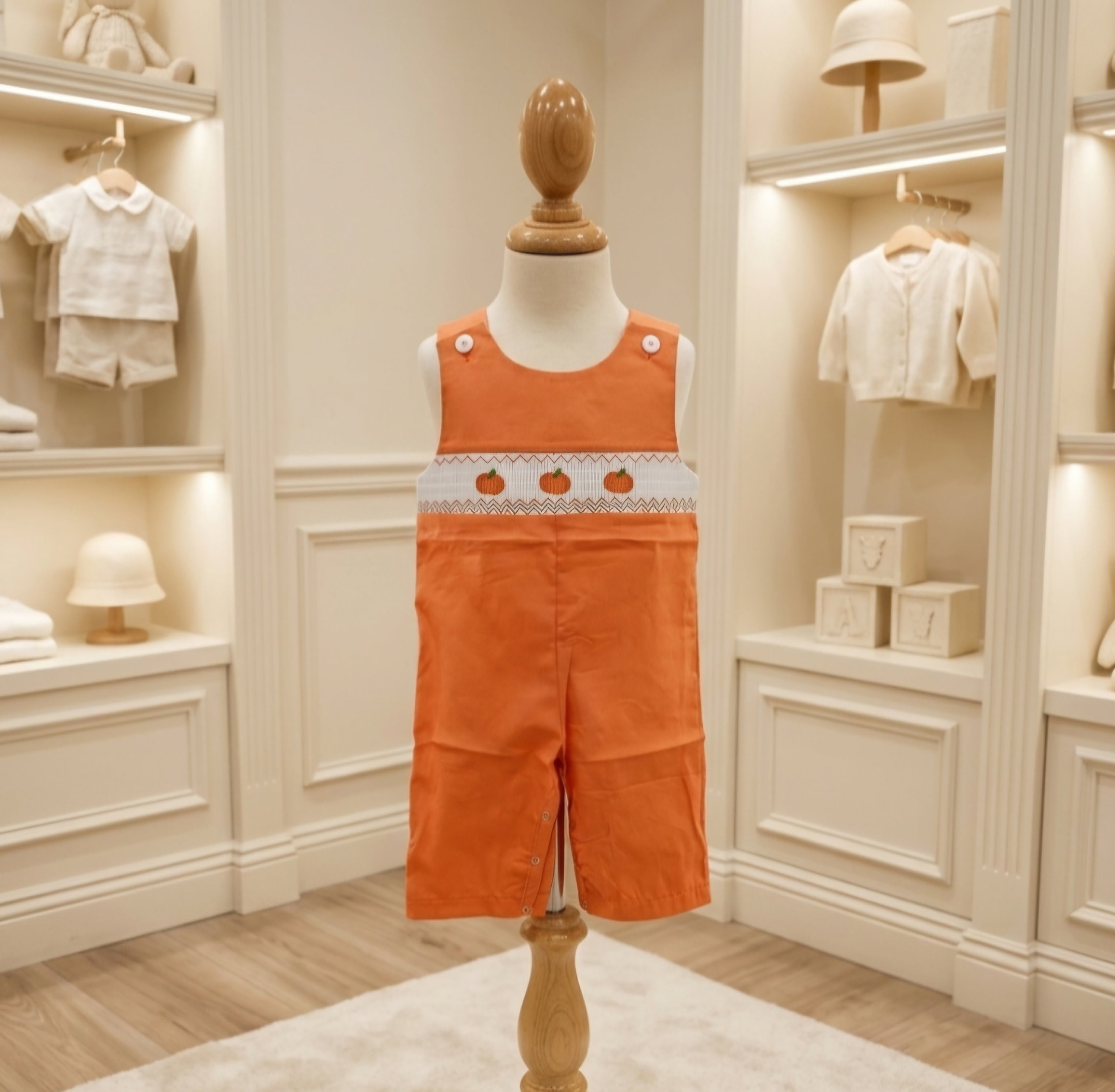 Rylee Faith Designs Orange Pumpkin Smocked Jon Jon | Sizes 3M, 6M, 12M, 18M