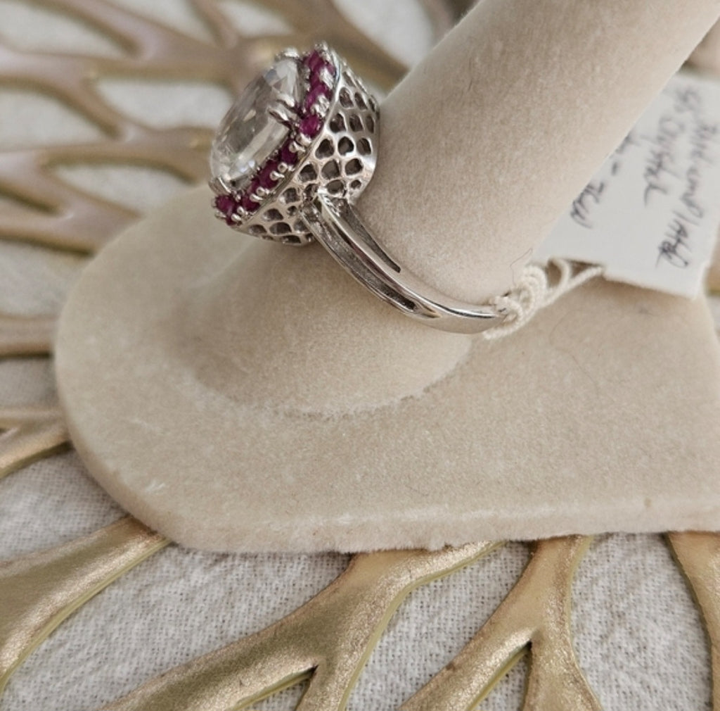 Crystal Quartz With Red Ruby Accent 925 Silver Over Rhodium Sz 7