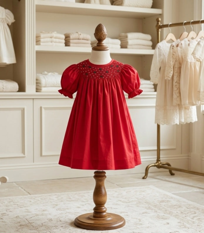 Love Me Red Heirloom Smocked Bishop Dress with Green Bows & Pearls