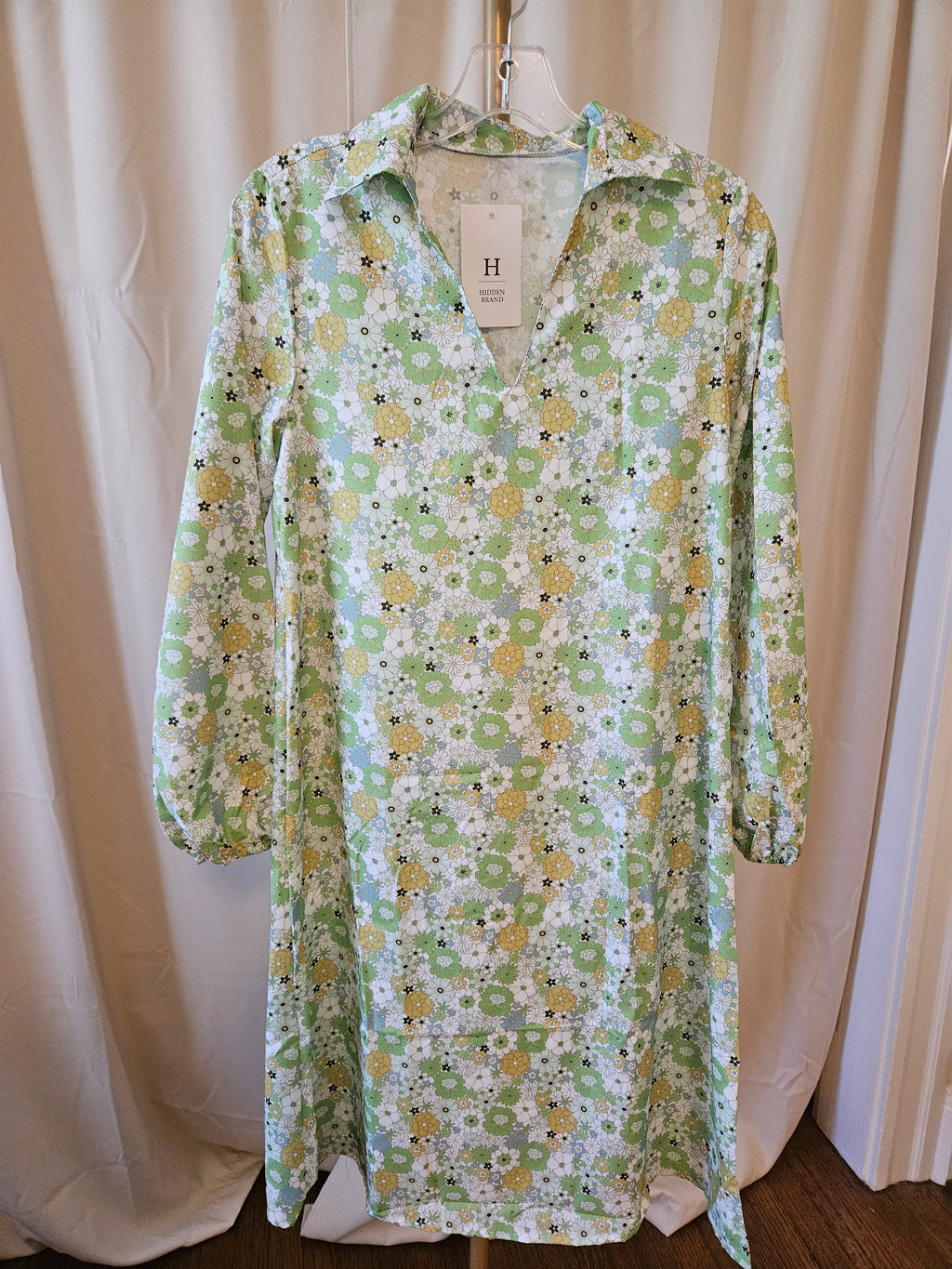 HiddenBrand Green Floral Bohemian Midi Dress | Puff Sleeve V-Neck