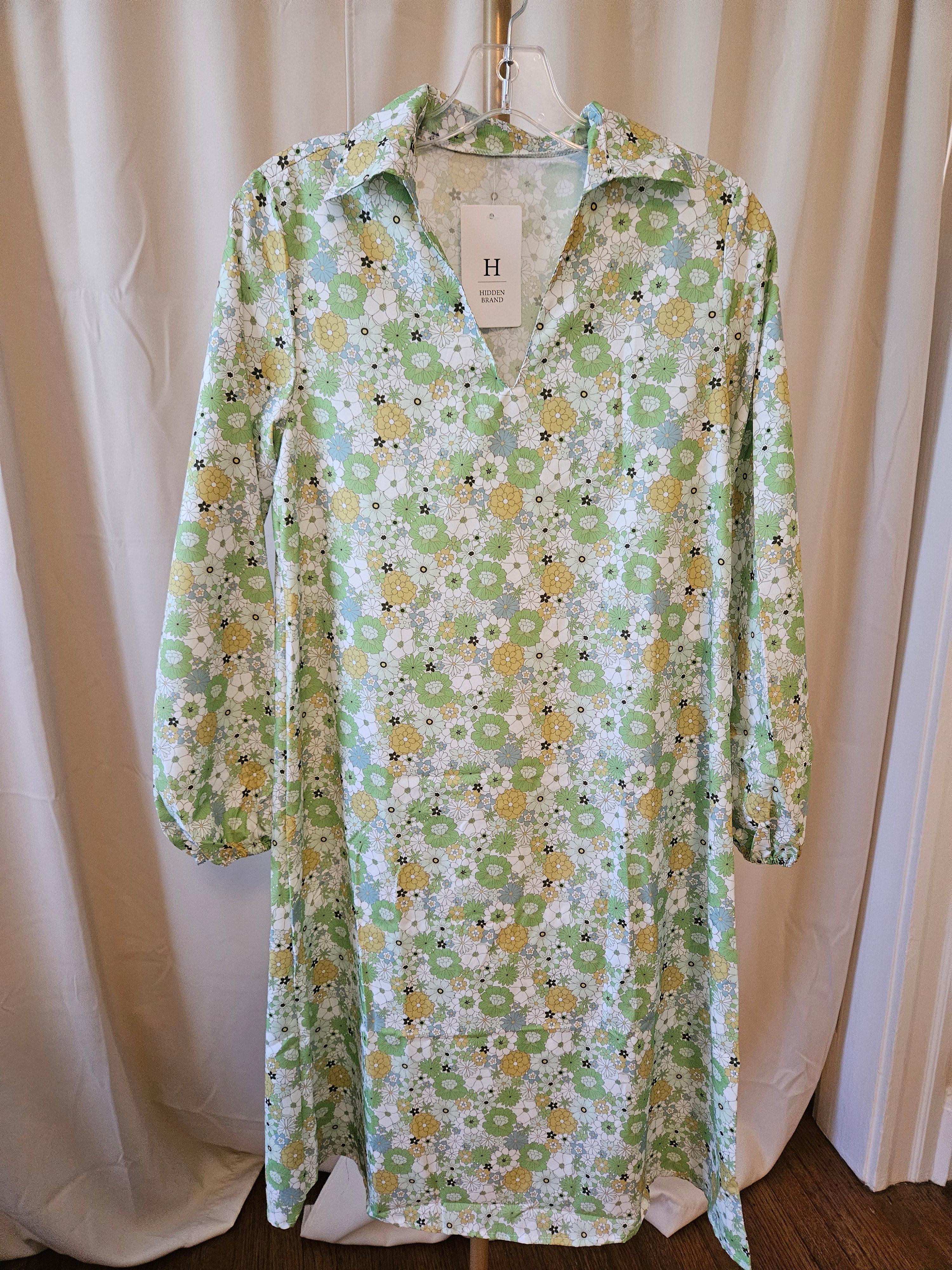 HiddenBrand Green Floral Bohemian Midi Dress | Puff Sleeve V-Neck
