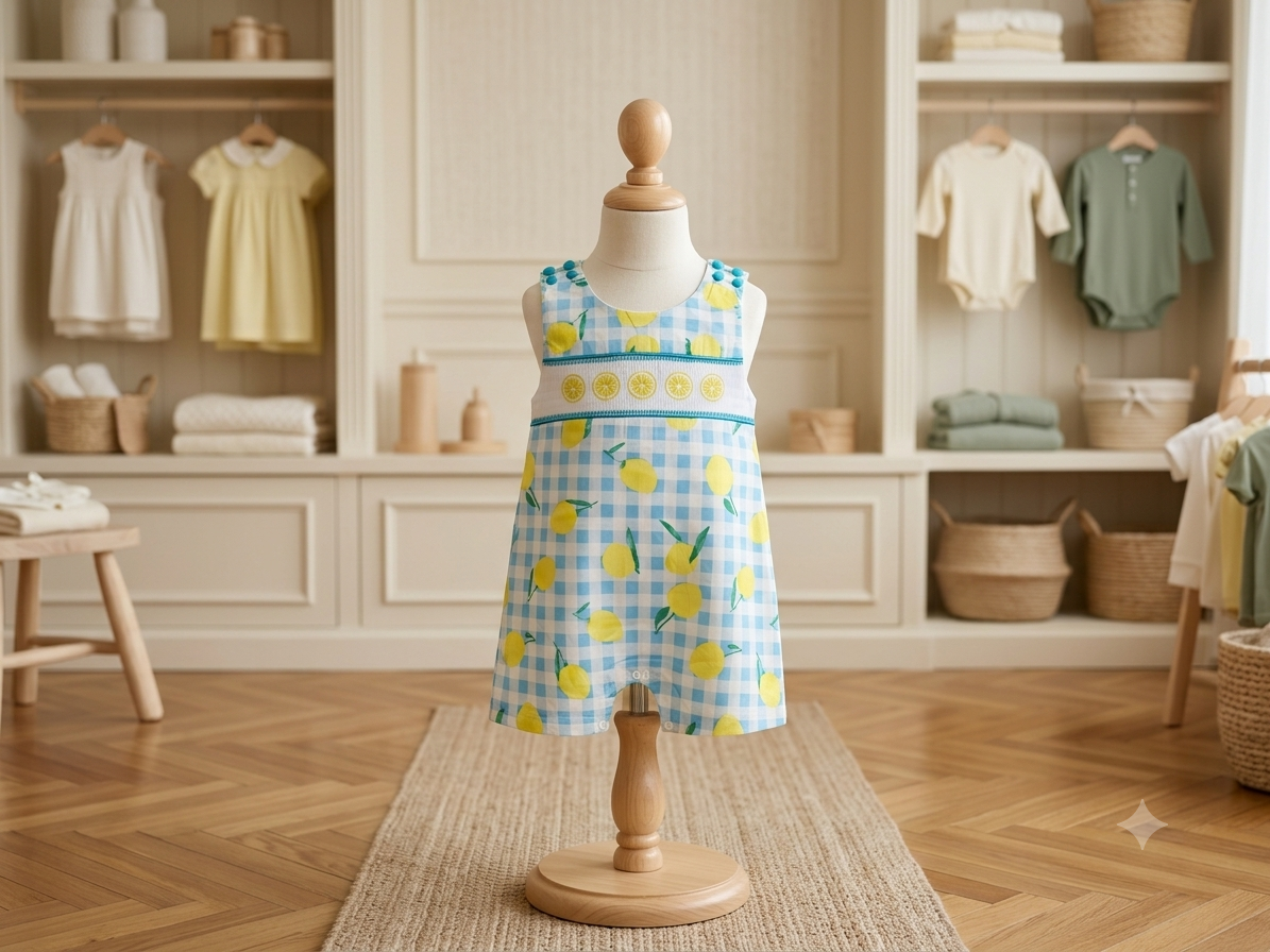 Lil Cactus Blue & White Gingham Lemon Smocked Jon Jon | Size 3T