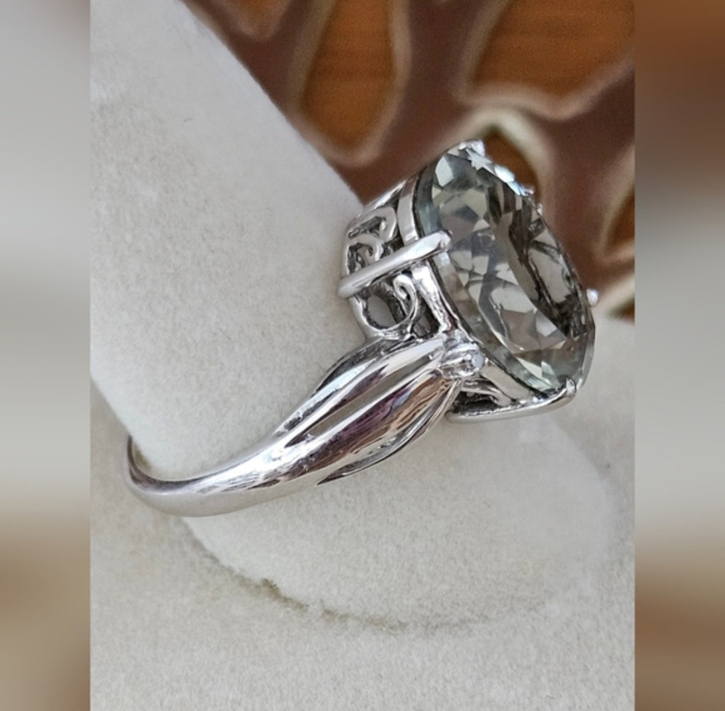 Green Amethyst & Diamond Ring Set In Platinum Over 925 Sterling Sz 8