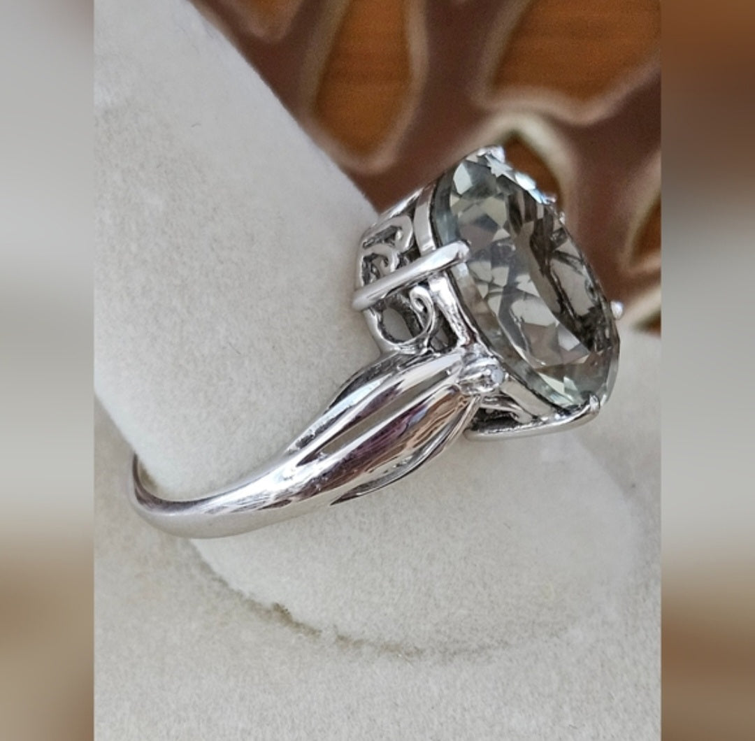 Green Amethyst & Diamond Ring Set In Platinum Over 925 Sterling Sz 8