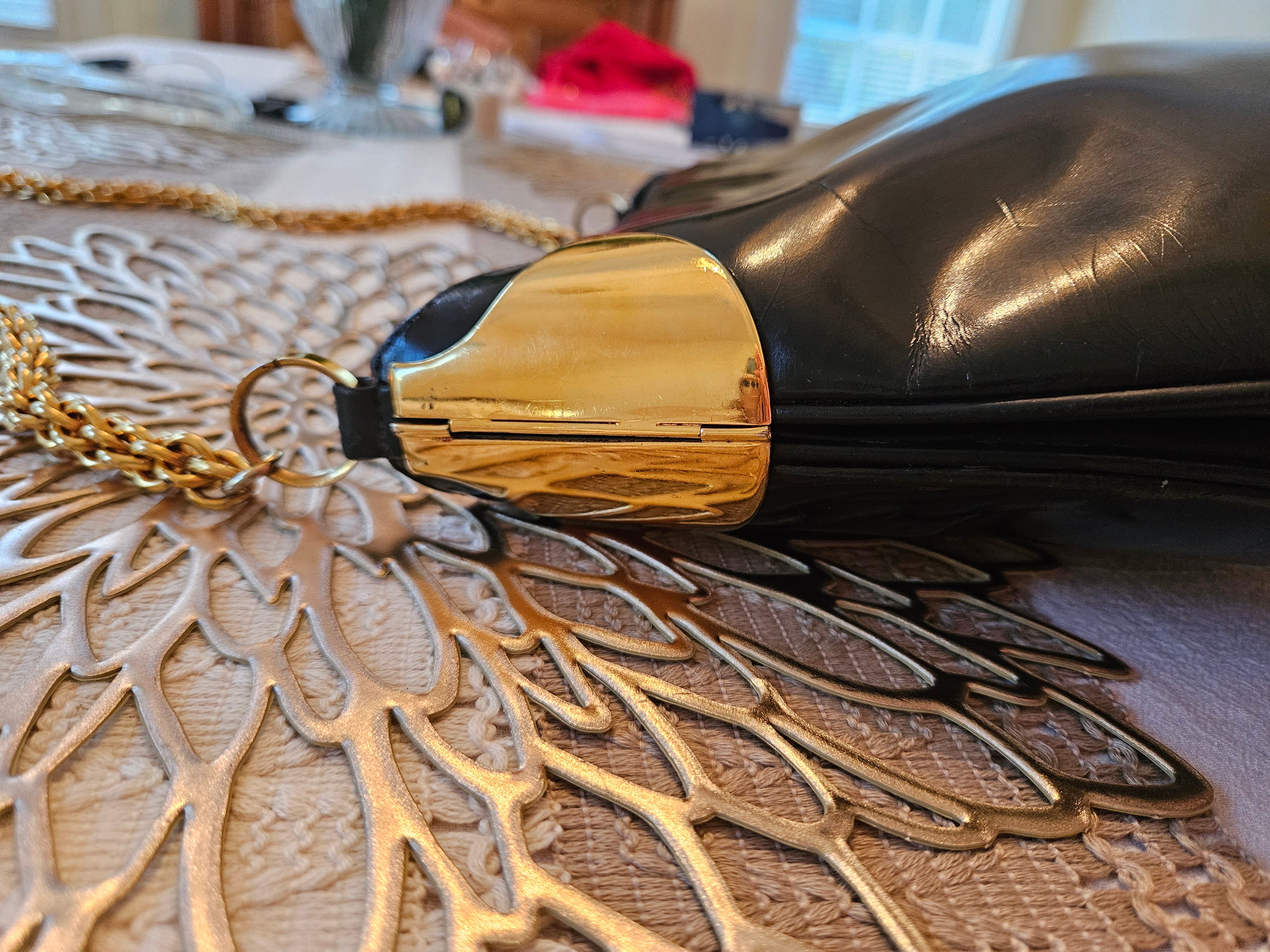 Preloved Vintage Authentic GUCCI 1970's Blk Patent & Gold handbag