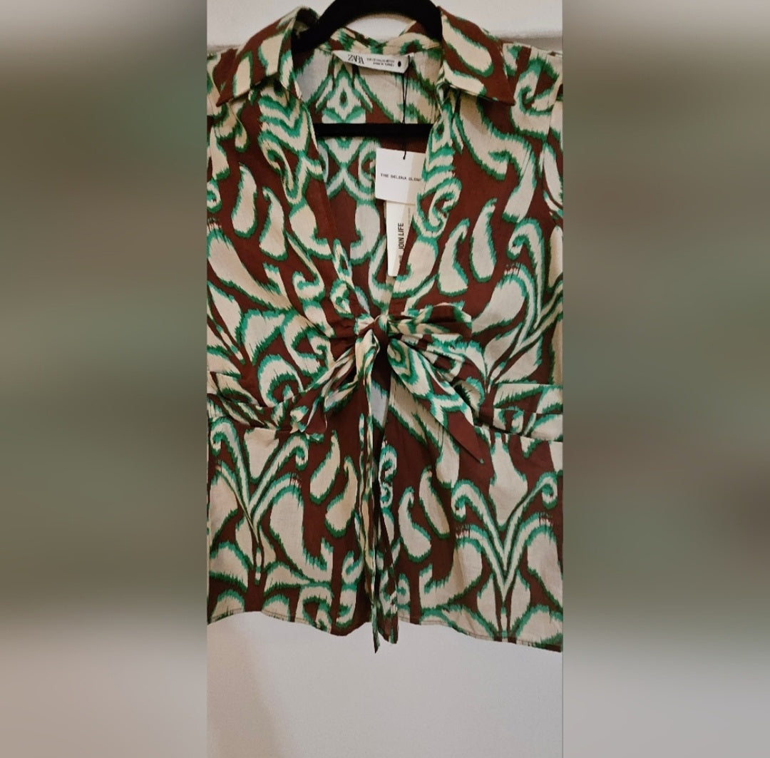 NWT Zara Selena Blouse Open Front With Tie Size XS