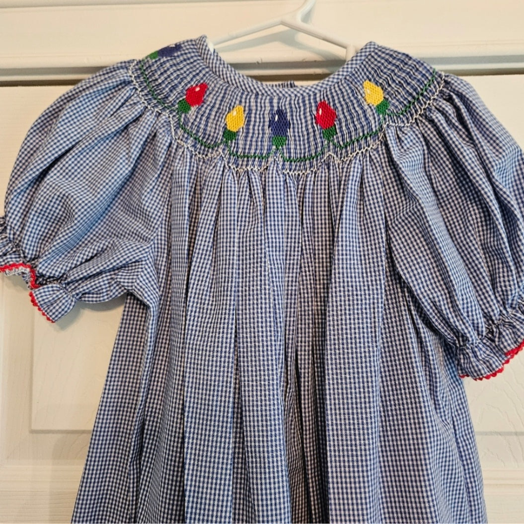 Amanda Remembered Blue & White Smocked Kids Dress with Christmas Lights. Sz 5