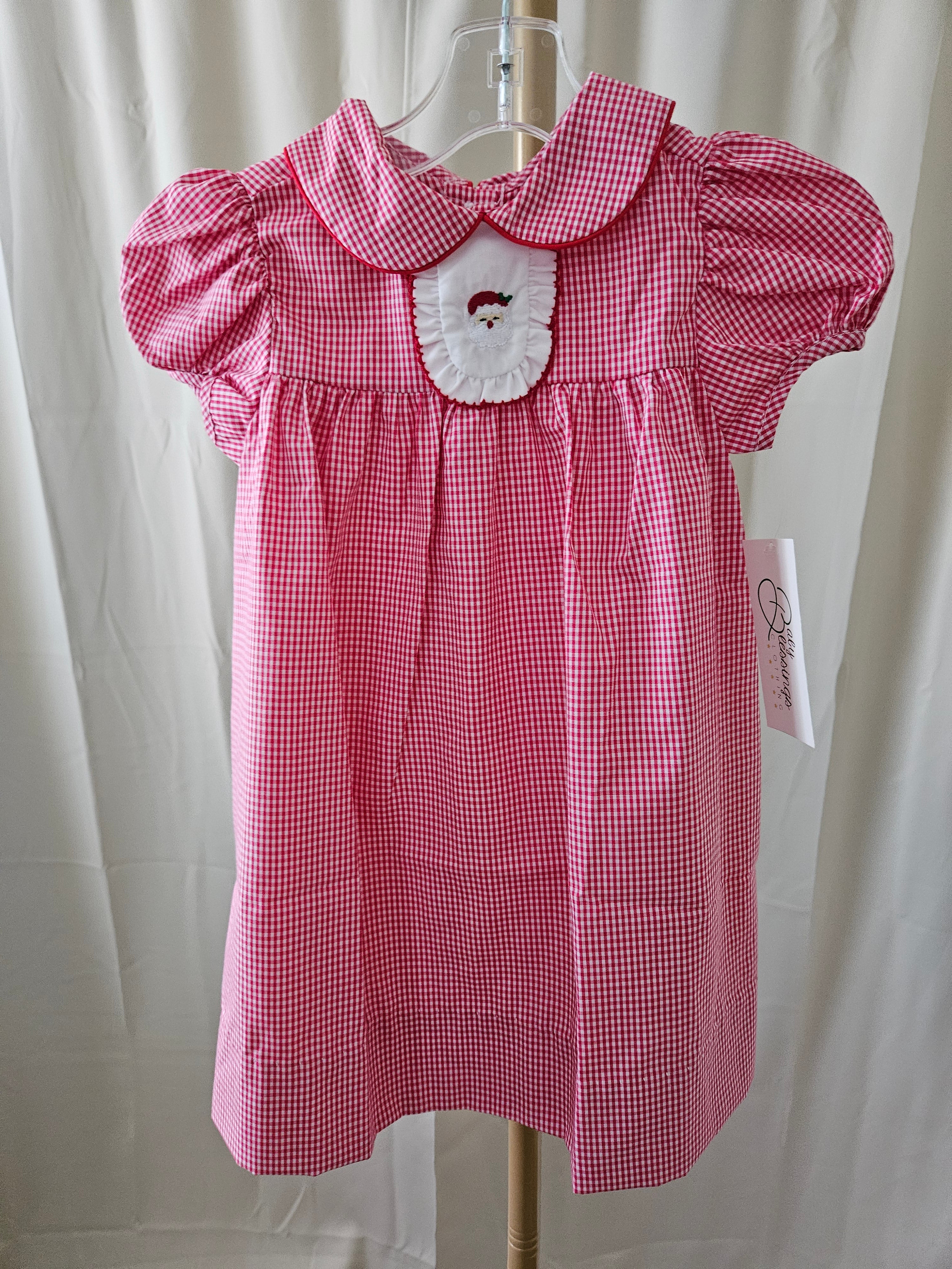 Baby Blessings Embroidered Santa Gingham Dress