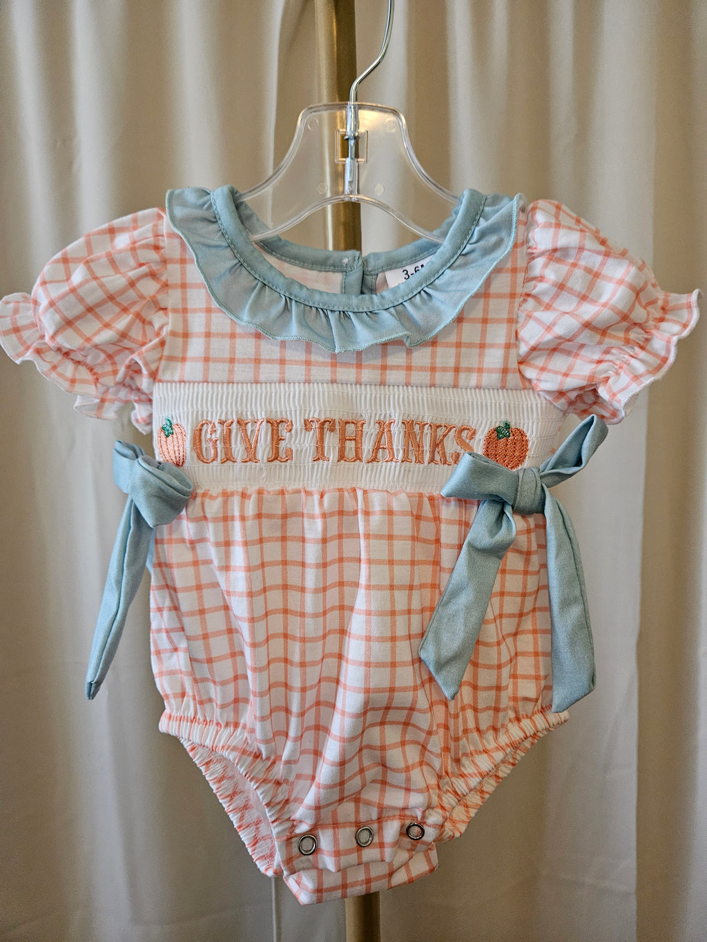 Custom Made Orange & White Plaid Smocked Pumpkin Bubble