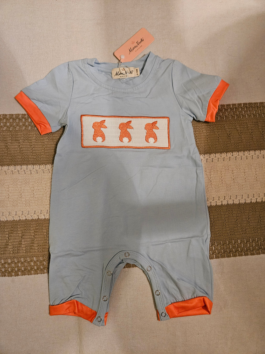 Marie Nicole Baby Blue & Orange Smocked Bunny Romper Sz 6-12M