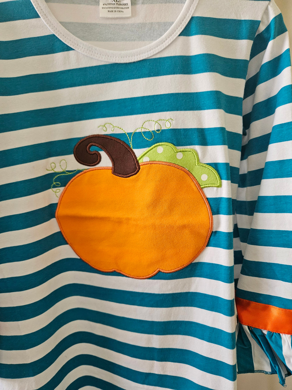 Amor Babee Pumpkin Appliqué Dress Turquoise Stripe Ruffle Sz XL (5-6)