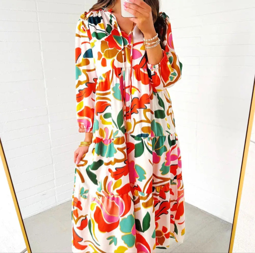 Lovesoft Orange Floral Print Split Vneck Tiered Maxi Dress