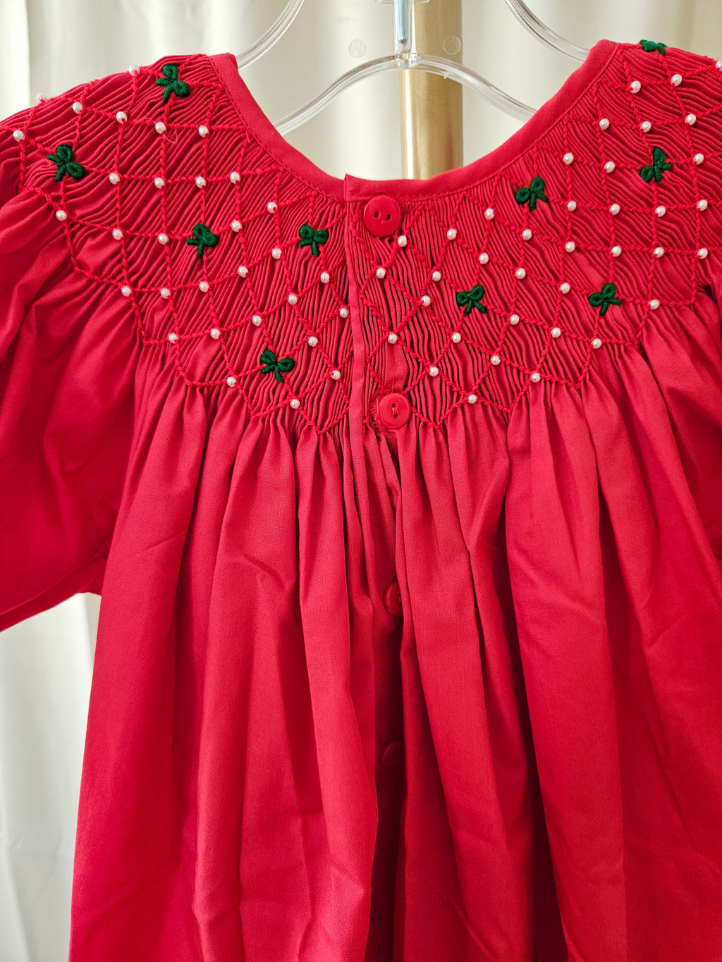 Love Me Red Heirloom Smocked Bishop Dress with Green Bows & Pearls
