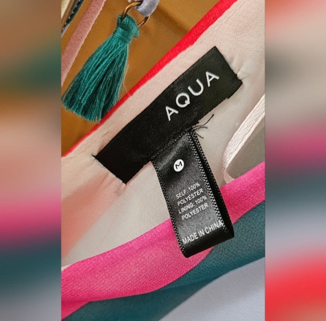 Aqua Cropped Striped Flutter Sleeve Blouse, Side button Size Med,Fitted band 30"