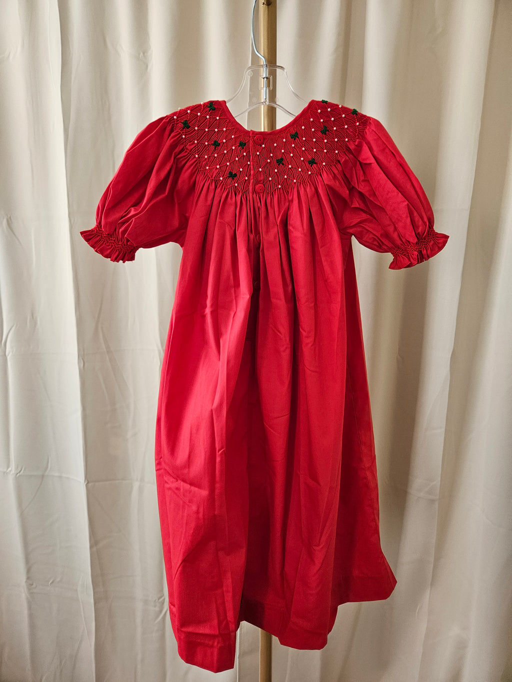 Love Me Red Heirloom Smocked Bishop Dress with Green Bows & Pearls