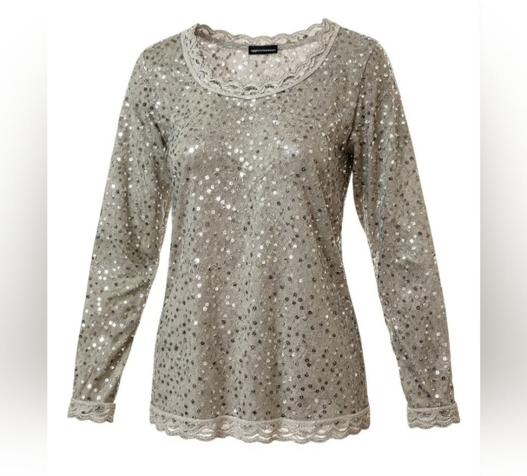 Moda International Silver Sequin Shear Blouse Sz XS